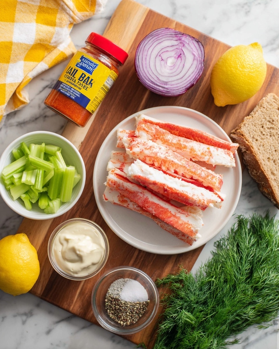 The image shows a wooden board on a white marbled surface with several ingredients neatly arranged. At the front, there is a white plate with bright red and white crab sticks piled in two layers. Behind the plate, there is a half-cut red onion with purple and white layers showing, a whole lemon, and a halved lemon showing the pale yellow inside. To the left, a small white bowl is filled with chopped light green celery. In the center, a red and yellow Old Bay seasoning container stands next to a small white bowl with black and white pepper inside. At the lower right, a glass bowl holds creamy white mayonnaise. On the far right, fresh green dill is laid out. A yellow and white checkered cloth and part of a piece of bread are partly visible at the upper left. A woman's hand is gently holding the wooden board from the side. Photo taken with an iphone --ar 4:5 --v 7