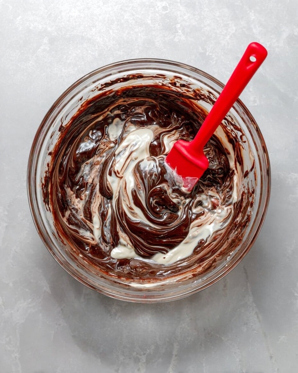 A clear glass mixing bowl sits on a white marbled surface, containing thick swirls of dark brown chocolate batter and white cream mixed together, creating a marbled effect. A bright red spatula with some batter on it rests inside the bowl, its handle leaning to the right. The textures in the bowl show creamy and smooth layers being blended. Photo taken with an iphone --ar 4:5 --v 7