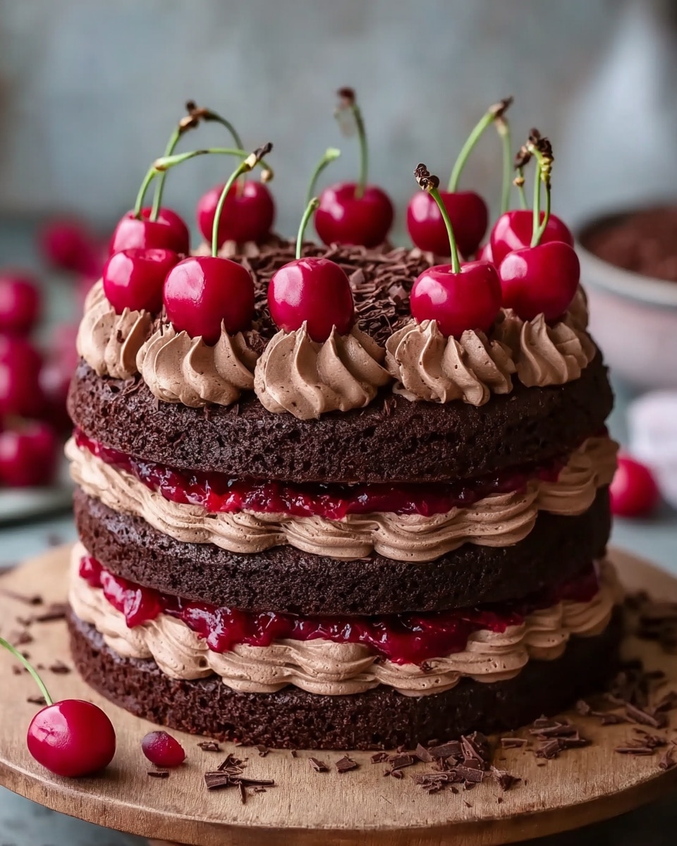 The image shows a three-layer chocolate cake on a wooden surface with a white marbled texture background. Each chocolate layer is dark brown and moist looking. Between layers, there is a thick bright red filling, possibly cherry or berry, and a smooth light brown chocolate cream piped in delicate swirls. The top layer has larger swirls of the same chocolate cream, with small dark chocolate crumbs sprinkled on top. On the cake’s top, there are several bright red cherries with green stems evenly placed. A few cherries and crumbs are scattered around the wooden base. Photo taken with an iphone --ar 4:5 --v 7