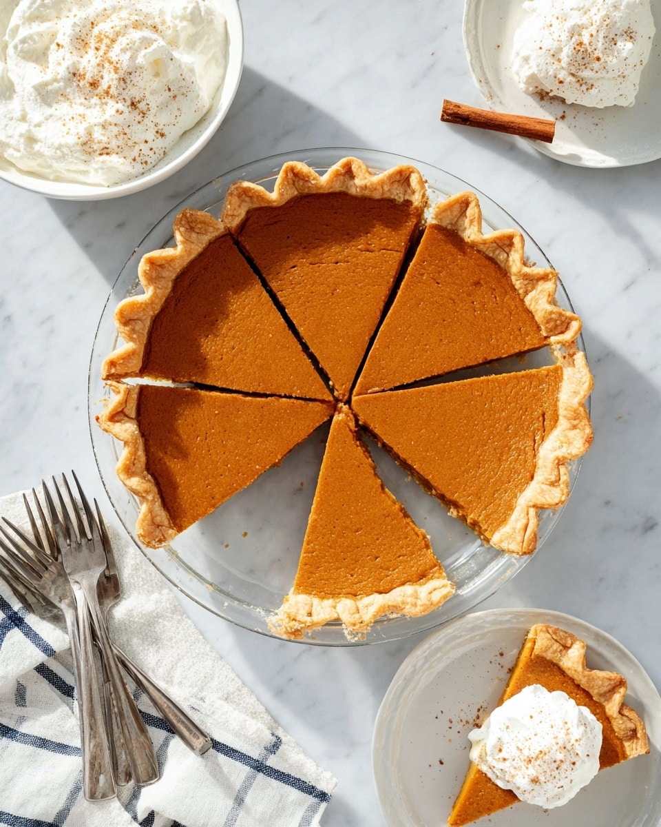 A round pumpkin pie with a golden brown crust that has a wavy edge sits on a clear glass pie dish on a white marbled surface. The pie is sliced into eight pieces, with one slice slightly lifted and placed on a white plate nearby, topped with a dollop of white whipped cream sprinkled lightly with cinnamon. To the top left of the pie, there is a white bowl filled with whipped cream with a spoon resting inside. Three silver forks are placed near the bottom left corner of the image, and a small piece of a white cloth with a navy blue grid pattern is visible in the bottom right corner. A cinnamon stick lies near the top left side of the pie. The photograph has bright, natural light that highlights the textures of the pie and cream. photo taken with an iphone --ar 4:5 --v 7