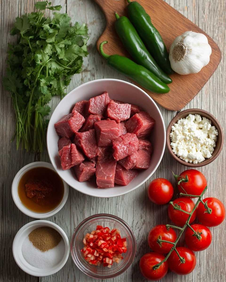 New Mexico Green Chile Stew: A Visual Feast Recipe 5 The image shows a top view of various ingredients arranged neatly on a wooden surface with a white marbled texture. In the center is a white bowl filled with thick, pink pieces of raw meat. Around this bowl, from the top left, there is a bunch of fresh green cilantro and several green chili peppers resting on a wooden board. To the right, there is an unpeeled white garlic bulb, a small brown bowl filled with crumbly white cheese, and a clear glass jar containing a brown powdery spice. Below these are three small white bowls, the left one holding diced red peppers, the middle one with a reddish-brown sauce, and the right one filled with white salt. Further right is a bunch of bright red cherry tomatoes still attached to the vine. The entire scene uses natural lighting, highlighting the fresh textures and colors of the ingredients. Photo taken with an iphone --ar 4:5 --v 7