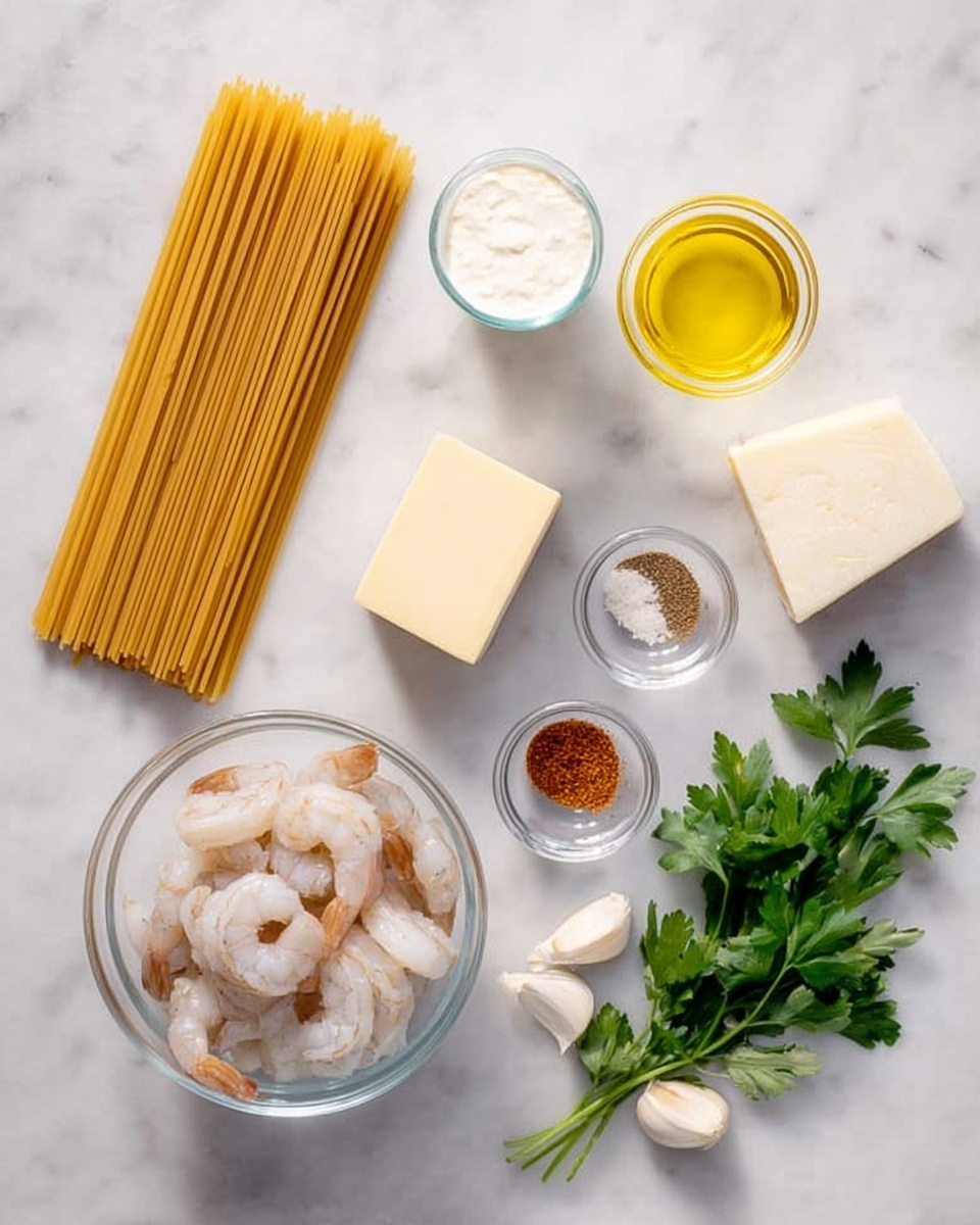 Creamy Shrimp Pasta – Restaurant-Style Recipe at Home Recipe 5 The image shows ingredients arranged neatly on a white marbled surface. On the left side, there is a bundle of dry spaghetti noodles lying flat. Next to it, from top to bottom, are a glass cup filled with cream, a small glass bowl with a square piece of butter, and a triangular block of hard cheese. To the right of those, there is a small glass bowl filled with yellow oil at the top, a tiny glass bowl with pepper and salt mixed in the middle, and another small glass bowl containing a reddish-brown spice at the bottom. On the far right side, a large clear glass bowl holds raw peeled shrimp. Below it, two cloves of garlic and a bunch of green parsley leaves are placed on the marble surface. photo taken with an iphone --ar 4:5 --v 7