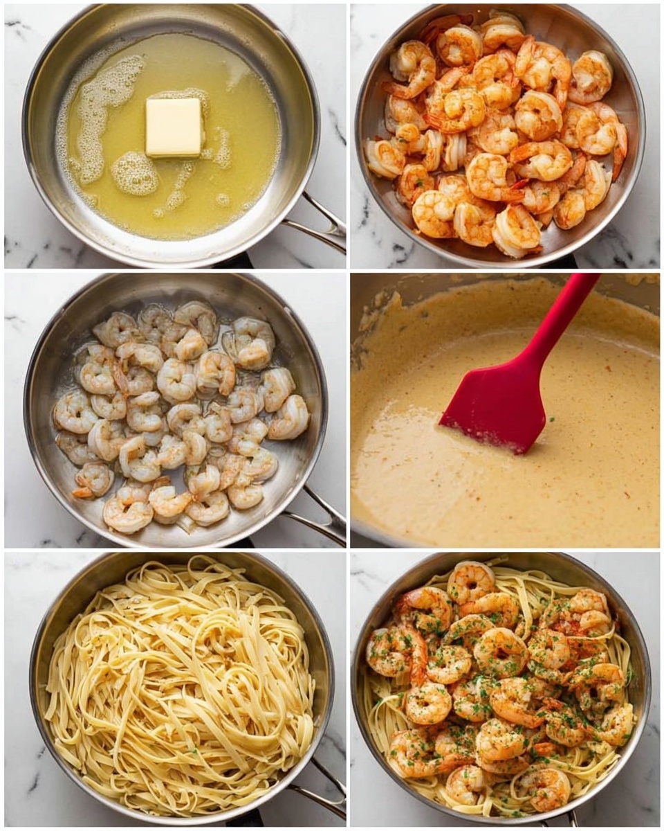Creamy Shrimp Pasta – Restaurant-Style Recipe at Home Recipe 6 The image shows six steps of cooking shrimp pasta. The first frame has a silver pan on a white marbled surface with a yellow square of butter melting, creating small bubbles. The second frame shows raw grey shrimp spread out in the same pan. The third frame displays the shrimp now orange and cooked, being pushed with a red spatula. The fourth frame has a thick beige sauce being stirred with a red spatula inside the pan. The fifth frame shows cooked pale yellow pasta noodles added on top of the sauce in the pan. The final frame features the pasta mixed with the sauce topped with cooked shrimp and sprinkled green herbs inside the pan. Photo taken with an iphone --ar 4:5 --v 7