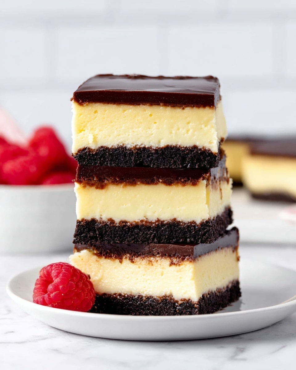 The image shows a stack of three square cheesecake slices placed on a white plate on a white marbled surface. Each slice has four distinct layers: the bottom and middle layers are dense, dark brown cookie crusts; above each crust is a thick, creamy yellow cheesecake layer; the very top layer is a smooth, shiny dark chocolate glaze. The stack is neat and the texture of the cheesecake looks soft and a little spongy. Next to the plate, there is a single fresh raspberry, and in the softly blurred background, a white bowl filled with red raspberries adds a pop of color. The photo taken with an iphone --ar 4:5 --v 7