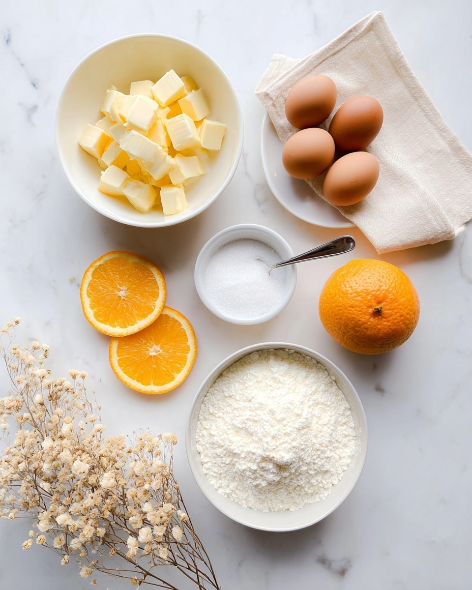 The image shows baking ingredients arranged on a white marbled surface: in the top left is a white bowl filled with pale yellow butter cubes; below it are two bright orange citrus slices and a whole orange. At the center right, there is a white plate on a folded cream cloth holding three brown eggs. Below and slightly left of the eggs is a small white bowl filled with white sugar. A silver spoon with white powder rests between the orange slices and the eggs. At the bottom right, a white bowl contains white flour. Blurred in the foreground is a light bunch of small dried beige flowers. Photo taken with an iphone --ar 4:5 --v 7