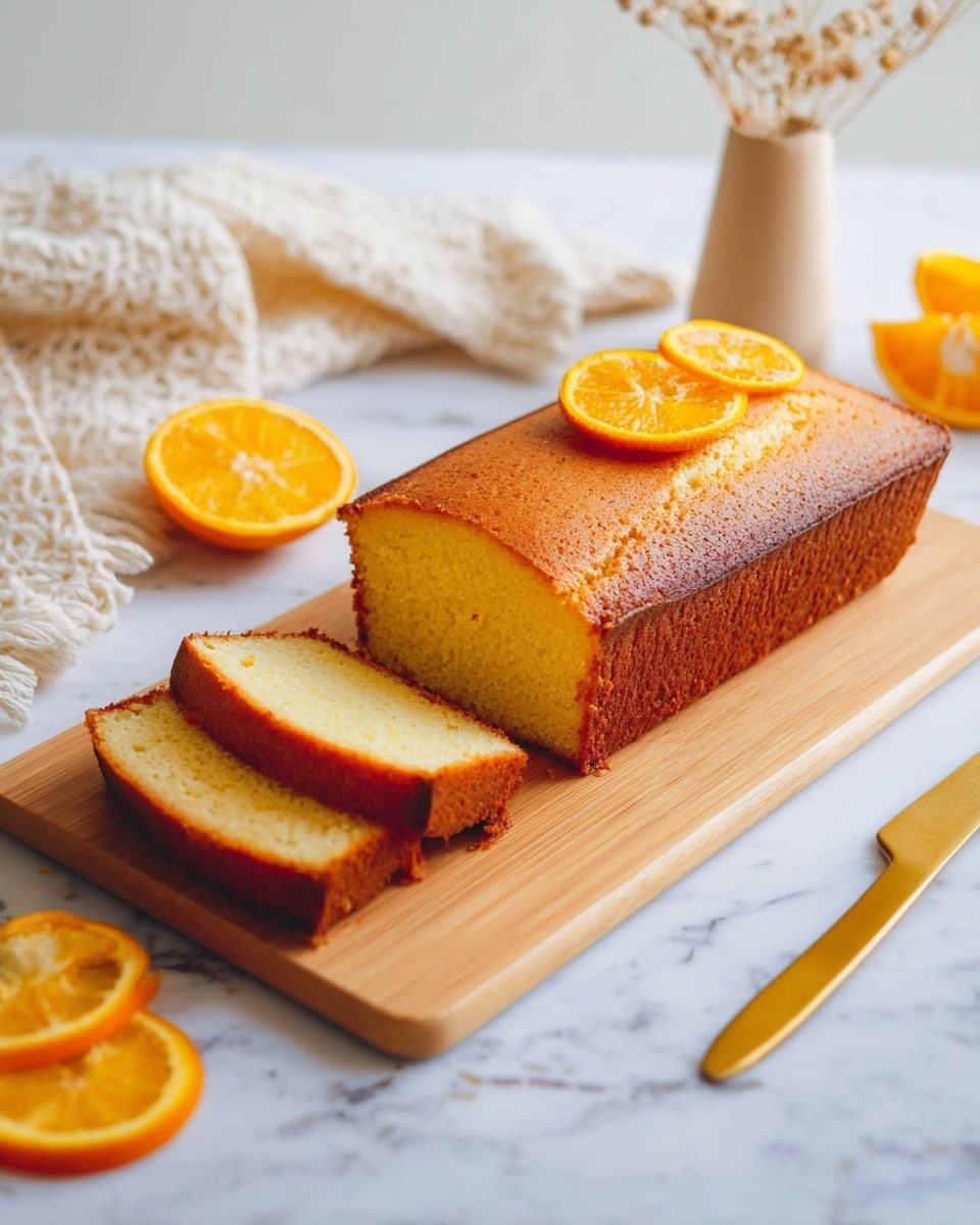 A rectangular golden brown cake sits on a light wooden board, with two slices slightly pulled out from the main loaf showing a soft, moist yellow inside. Two thin orange slices rest on top of the unsliced part of the cake. The board is placed on a white marbled surface, beside a golden knife with a light handle. An off-white knit cloth is tucked into the corner, with two bright orange wedges nearby and a small beige vase with dried flowers in the background. Photo taken with an iphone --ar 4:5 --v 7