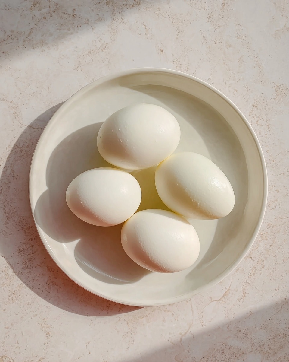 A round white plate holds four smooth, shiny white boiled eggs arranged close together in the center, with soft shadows around them. The plate sits on a white marbled surface with a subtle texture. The photo has bright natural lighting with clear details on the eggs and plate edges. photo taken with an iphone --ar 4:5 --v 7