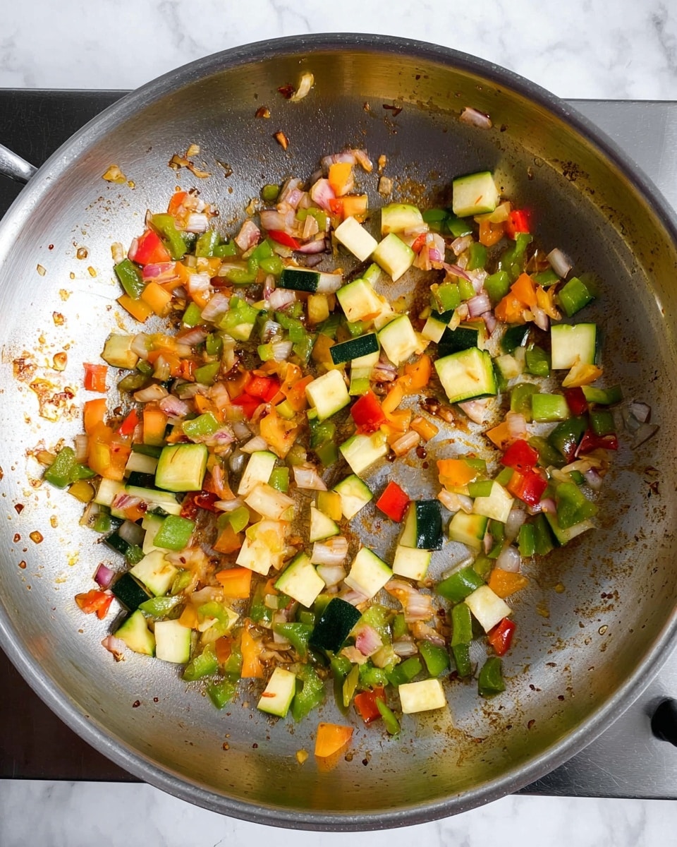 A stainless steel pan sits on a stove with bits of cooked vegetables spread evenly in a loose ring around the edges. The vegetables include small pieces of green bell peppers, red bell peppers, chopped onions, and chunks of zucchini, all lightly browned from cooking. The center of the pan is mostly clear with some browned residues from the cooking process. The pan surface has a shiny, smooth texture reflecting light. The background is a white marbled surface. photo taken with an iphone --ar 4:5 --v 7