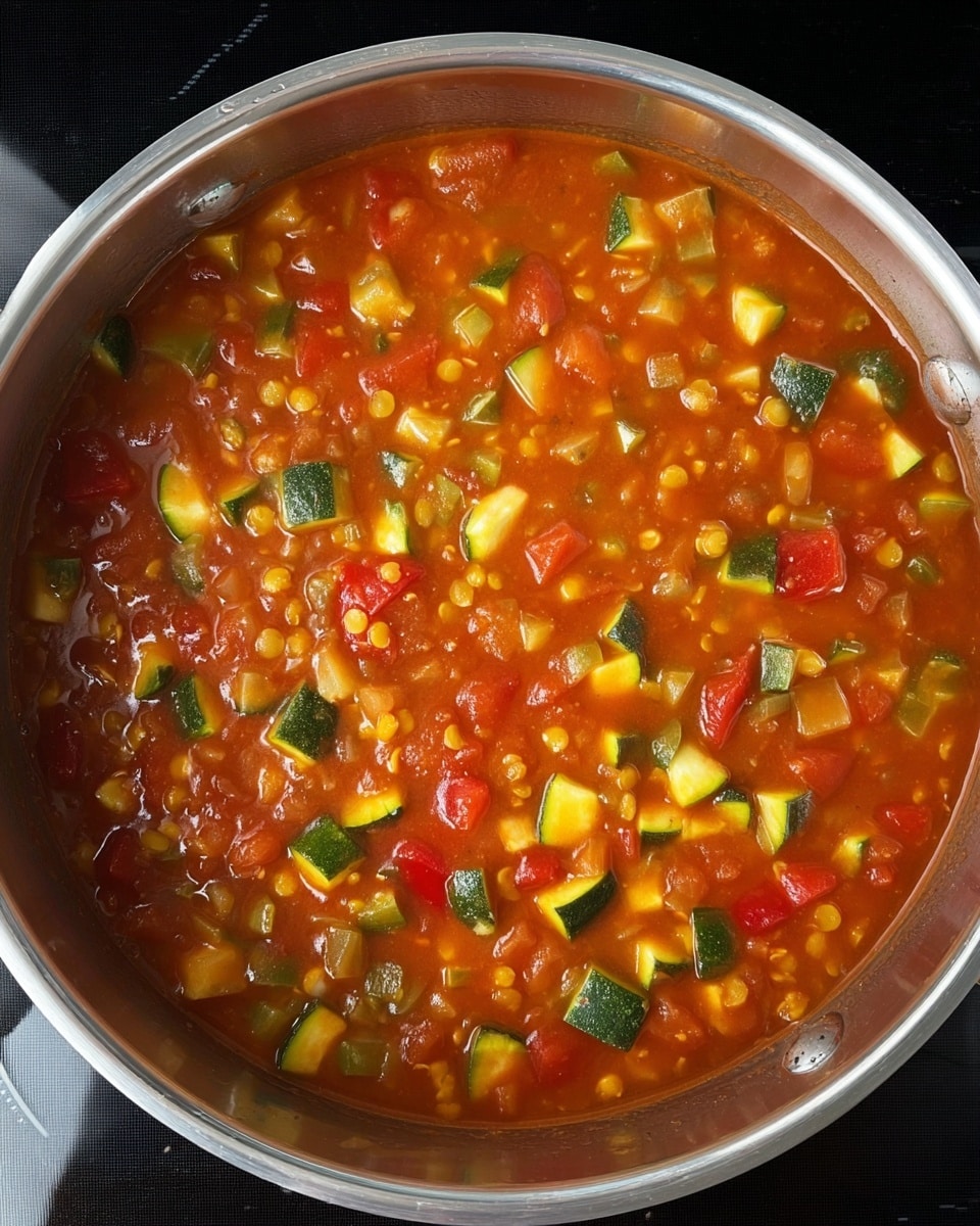 A top view of a silver pot filled with a thick tomato-based soup with visible chunks of green, red, and yellow vegetables, including diced zucchini, bell peppers, and onions, all mixed in a red-orange broth with small yellow lentils spread throughout. The soup has a textured, hearty look with a warm, rich color. The pot sits on a black stovetop surface. photo taken with an iphone --ar 4:5 --v 7