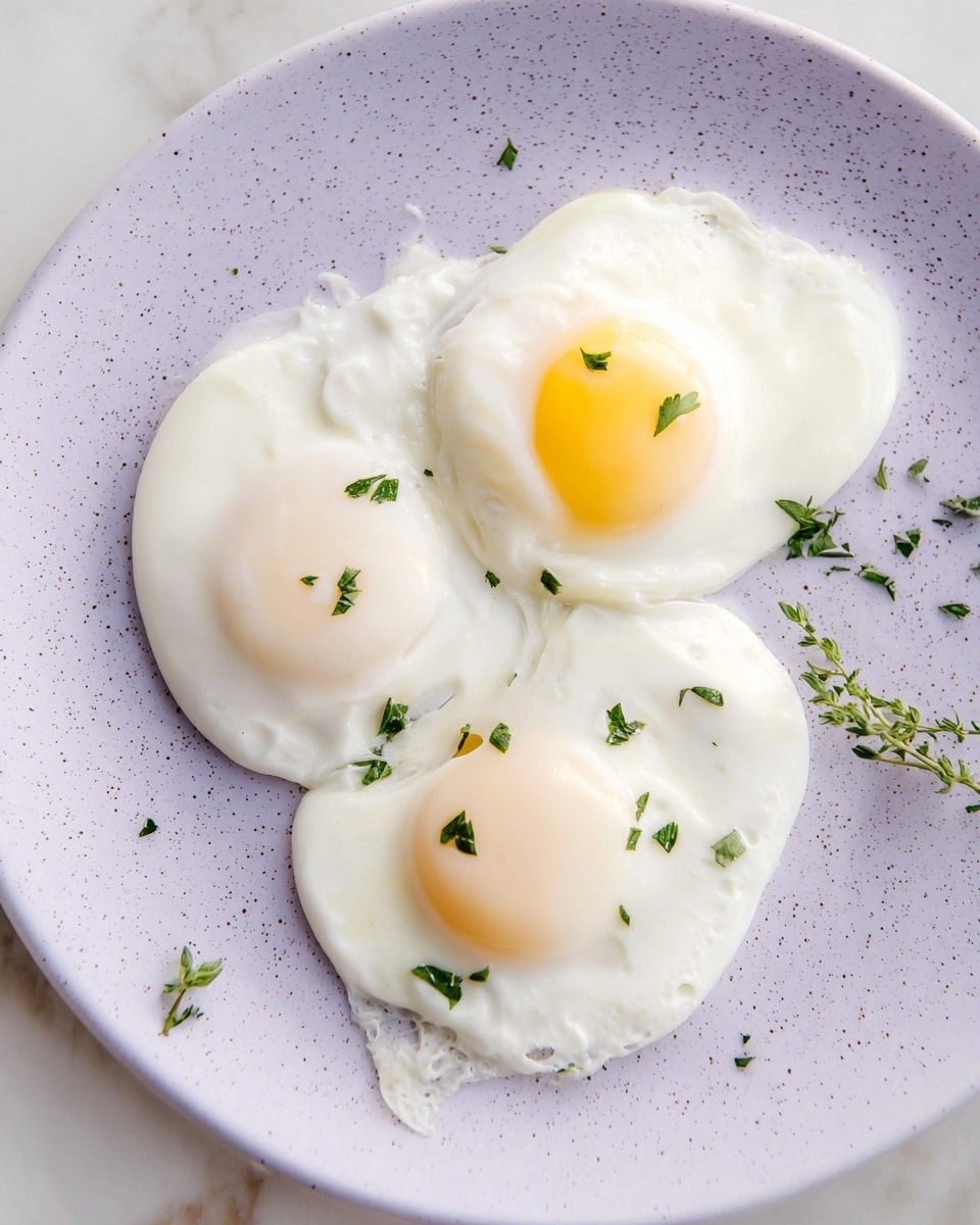 Three sunny-side-up eggs are placed close together on a white plate with a light lavender speckled texture. Each egg has a smooth, shiny white base layer with a slightly raised, pale yellow yolk layer in the center. Small green herb pieces are scattered on and around the eggs, adding a touch of color contrast. The plate rests on a white marbled surface. photo taken with an iphone --ar 4:5 --v 7