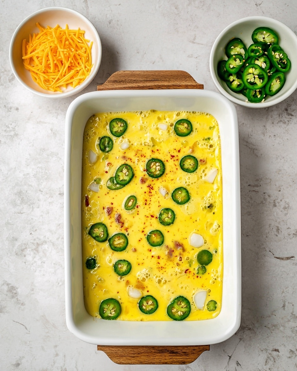 The image shows a white rectangular baking dish filled with a bright yellow egg mixture that has small bubbles on the surface. Scattered throughout the egg liquid are rounds of green jalapeño slices and small white chunks, likely cheese. The dish has wooden handles on both short sides. Above the dish, there are two small white bowls placed on a white marbled texture surface; the bowl on the left holds shredded orange cheese, and the bowl on the right is filled with extra jalapeño slices. photo taken with an iphone --ar 4:5 --v 7