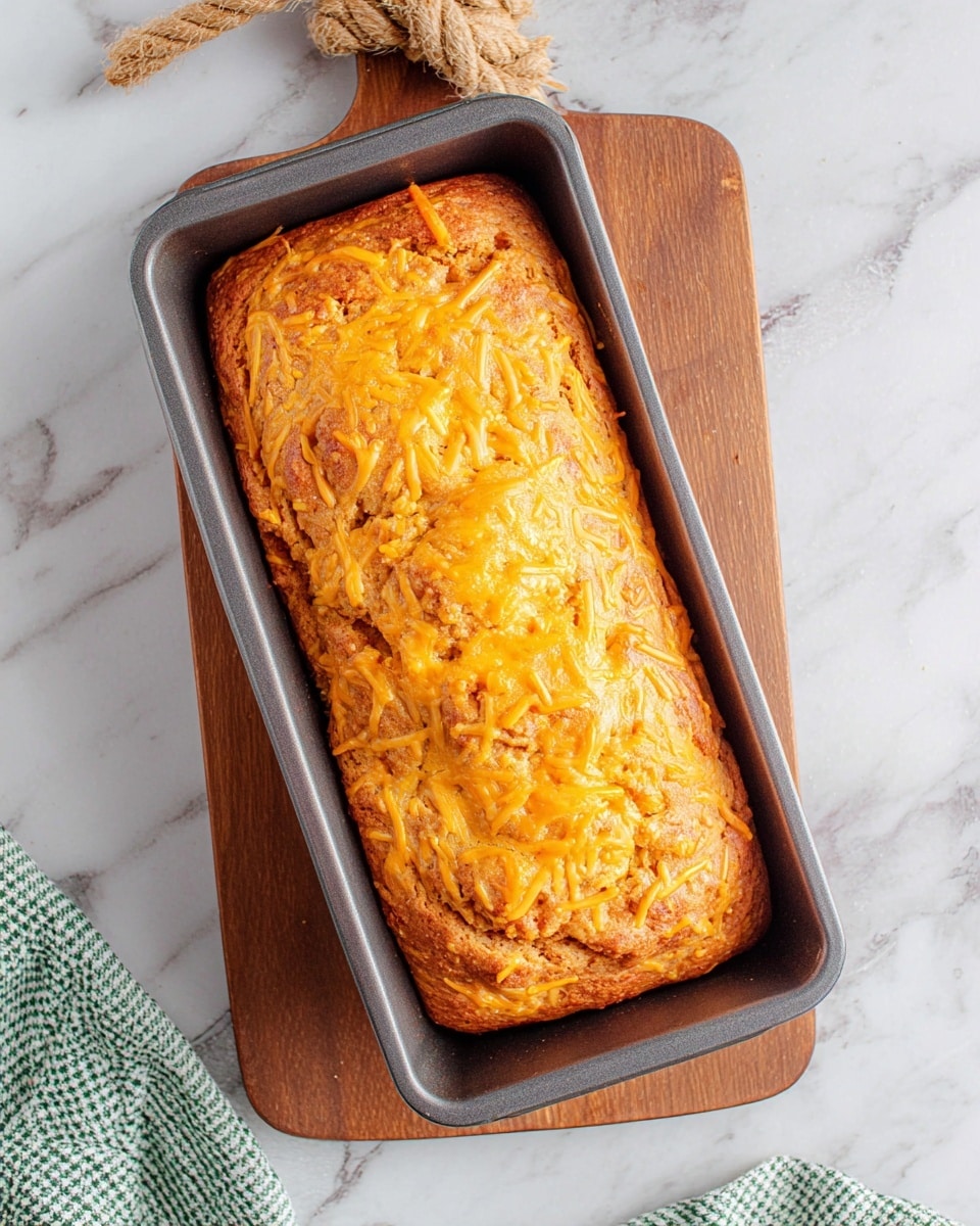 A rectangular loaf with one visible layer shows a golden brown top covered evenly with melted orange cheese strands. The loaf is baked in a dark gray metal pan, which is placed on a wooden cutting board with a rope handle. The whole setup rests on a white marbled surface with some subtle gray and green veins. Part of a green and white checkered cloth is seen at the bottom right corner of the image. Photo taken with an iphone --ar 4:5 --v 7