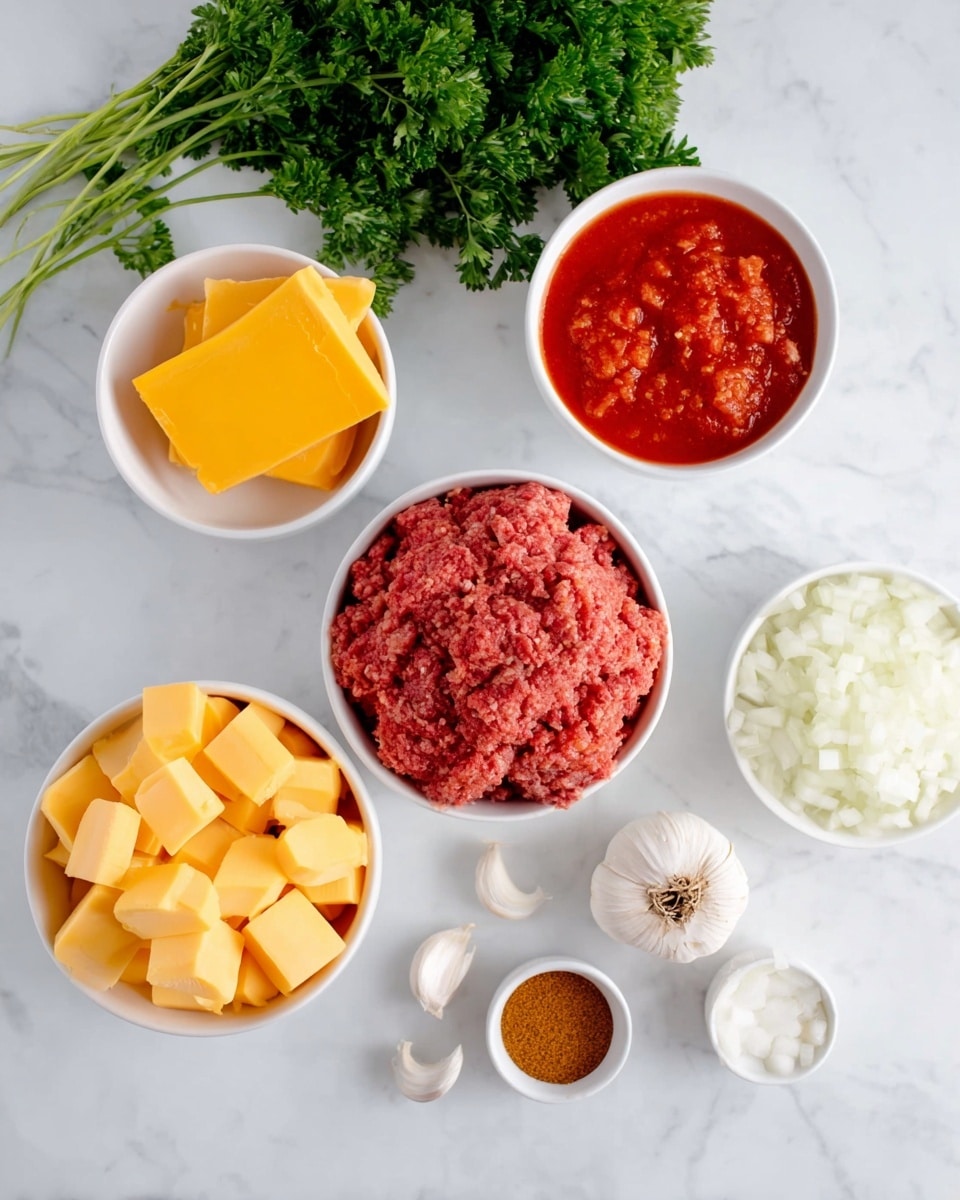 The image shows a white marbled surface with several white bowls and small containers arranged neatly. One large white bowl in the middle holds raw ground meat, bright red with visible texture. Above it, another white bowl contains chunky red tomato sauce with pieces of tomato visible. To the right, a white bowl is filled with finely chopped white onions, showing a soft texture. In the foreground, a white bowl holds large, bright yellow cubes of cheese. Three small white containers with different spices sit to the left of the meat, each showing coarse and fine powders in shades of yellow and brown. A sprig of fresh green parsley rests to the far left, and two cloves of garlic lie to the right on the marble surface. Photo taken with an iphone --ar 4:5 --v 7
