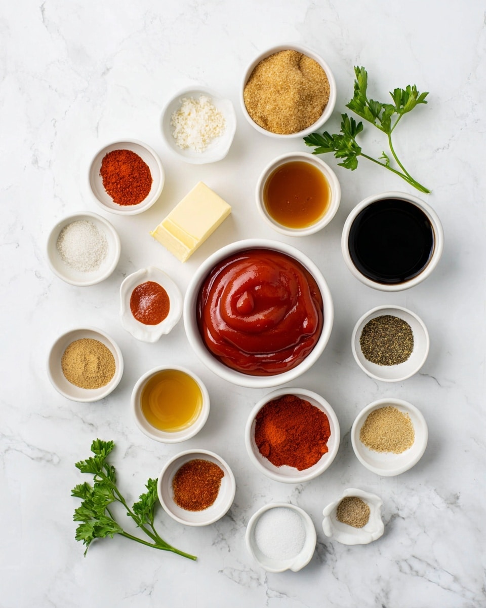 A top-down view of small white bowls arranged on a white marbled surface, each holding a different ingredient. The largest bowl in the center contains thick, bright red ketchup with a smooth texture and soft peaks. Surrounding it are bowls filled with light brown sugar, dark red paprika powder, light beige garlic powder, dark brown coffee powder, pure white salt, golden brown chili powder, light yellow onion powder, and a small cube of pale yellow butter. There are also bowls with dark black soy sauce, amber honey, pale yellow vinegar, and ground black pepper. Some green leaves are visible on the corners of the image. Photo taken with an iphone --ar 4:5 --v 7