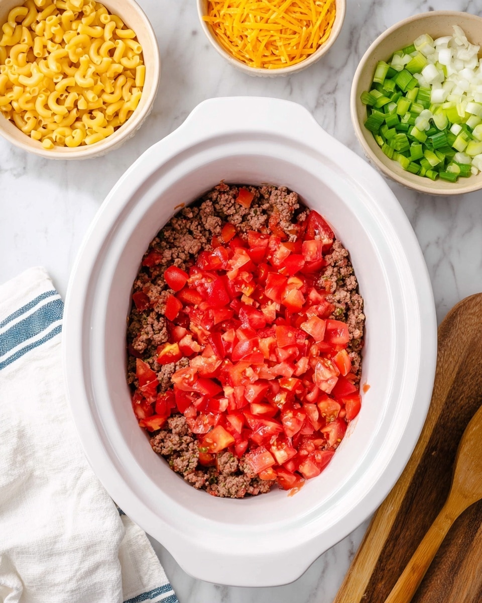 A white crockpot filled with a layer of raw ground meat mixed with diced red tomatoes on top, showing a rough and chunky texture. Around the crockpot, there are three small white bowls and a wooden cutting board on a white marbled surface: one bowl has bright yellow shredded cheese, the second has uncooked small yellow elbow pasta, and the cutting board holds chopped green celery, white onion pieces, and green onion slices. A wooden spoon rests on the white marbled surface near the bottom right corner, and a blue and white checkered cloth is partially visible at the lower left corner. Photo taken with an iphone --ar 4:5 --v 7
