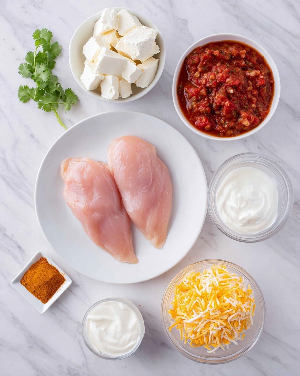 Two raw, pale pink chicken pieces lie flat on a white square plate in the center of the image. Around this plate, from top left and moving clockwise, are white bowls with thick white cream cheese, chunky red tomato salsa with visible vegetable pieces, smooth sour cream, and shredded yellow and white cheese. A small white square dish filled with orange-brown spice powder is at the bottom left, alongside a bright green fresh cilantro sprig. The arrangement sits on a white marbled surface. Photo taken with an iphone --ar 4:5 --v 7