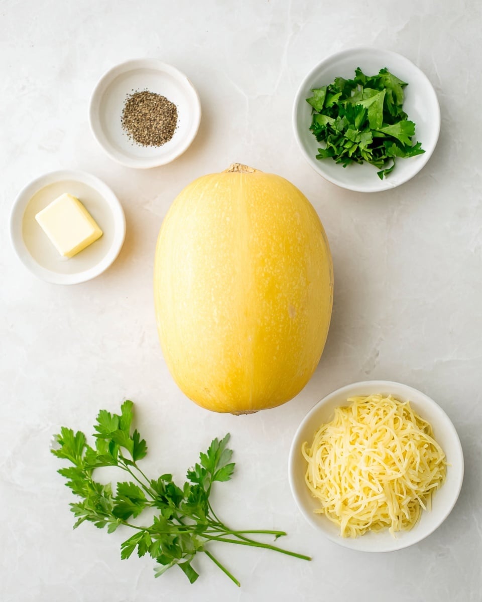 The image shows one whole yellow spaghetti squash in the center on a white marbled surface. Around it, there are four small white bowls placed near each side: the top-left bowl contains ground black pepper, the top-right bowl holds fresh green parsley leaves, the bottom-left bowl has a small stick of light yellow butter, and the bottom-right bowl is filled with shredded white cheese. The colors are soft and natural, and the setup is simple and clean. Photo taken with an iphone --ar 4:5 --v 7