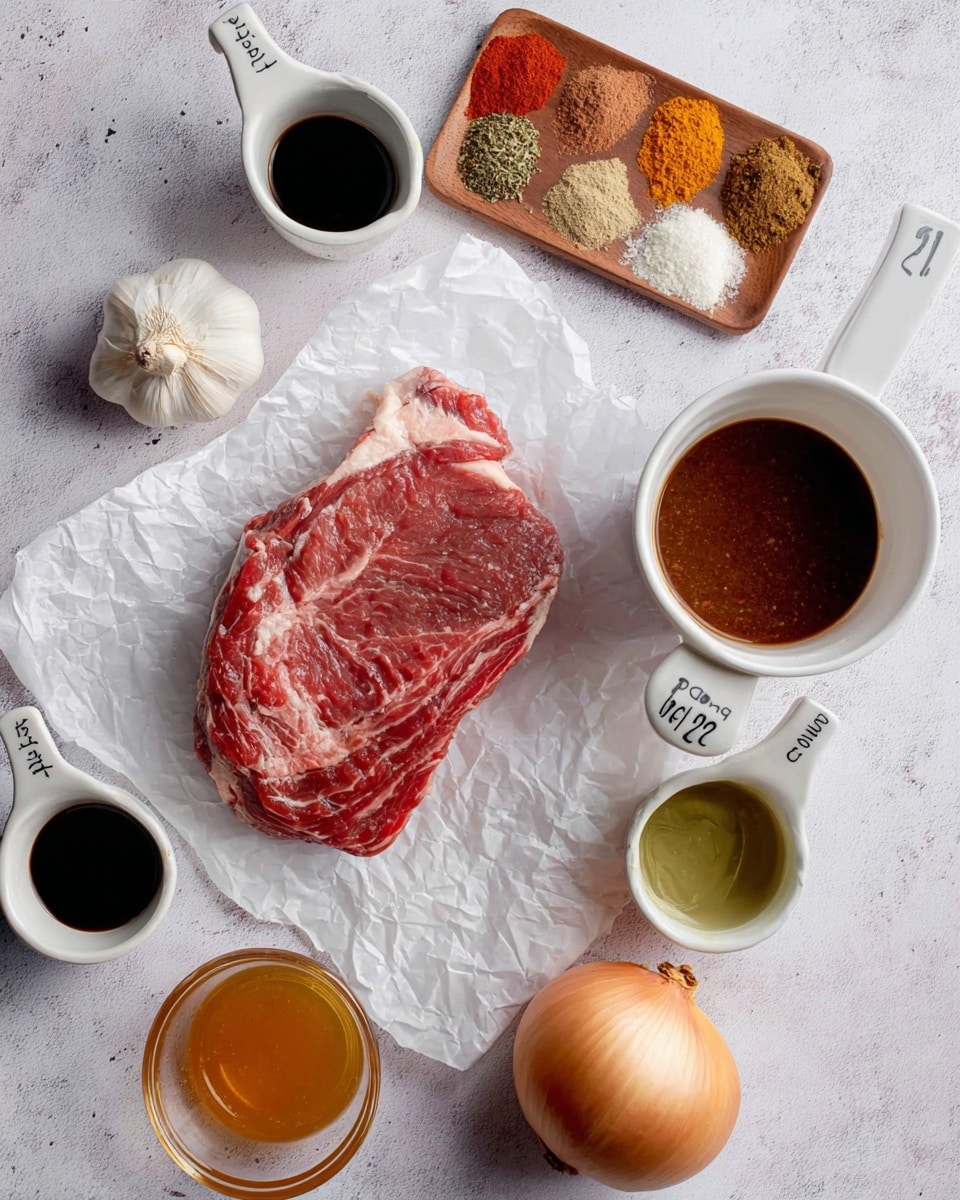 A raw piece of red meat with white marbling rests on crumpled white parchment paper in the center of the image. Above it on the left is a small wooden tray holding seven spice piles in different colors: white, brown, beige, bright red, dark green, orange, and black. To the right of the tray is a white measuring cup filled with thick dark brown sauce labeled