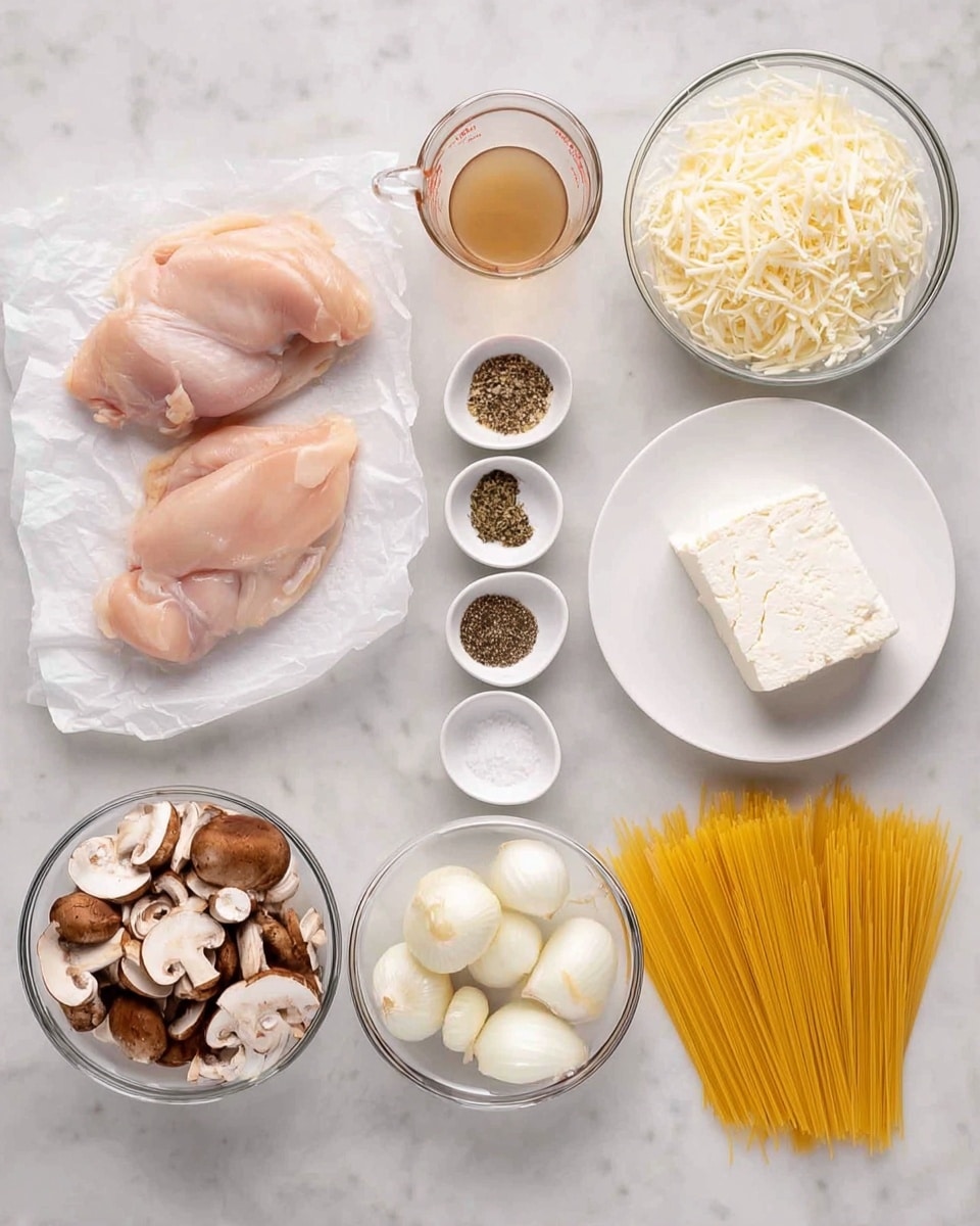 The image shows ingredients arranged neatly on a white marbled surface. On the left, two pieces of raw chicken with a pale pink color rest on white paper. Above them, there is a glass bowl filled with shredded white cheese. To the top left, a clear measuring cup contains a light brown liquid. In the middle, four small white bowls hold dried herbs, black pepper, garlic powder, and salt, forming a horizontal line. On the right side, a white plate carries a block of white cream cheese. Below that, two clear glass bowls feature chopped white onions and sliced brown mushrooms. To the far right, uncooked yellow spaghetti strands lie flat. The photo taken with an iphone --ar 4:5 --v 7