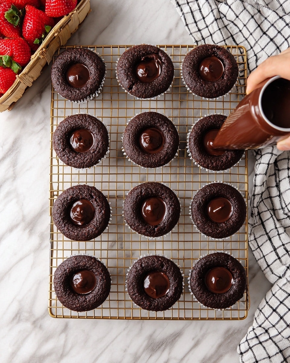 The image shows twelve dark chocolate cupcakes arranged neatly on a gold cooling rack over a white marbled surface. The cupcakes have a smooth, rich chocolate color with a small round well in the center filled with glossy, melted dark chocolate. Some of the cupcakes are fully filled with the melted chocolate, while a few at the bottom have empty wells ready to be filled. On the right side, a woman's hand is seen squeezing melted chocolate from a brown piping bag into one of the cupcake wells. In the top left corner, there is a basket of fresh red strawberries, and on the upper right corner, a white cloth with a black checkered pattern is casually placed. Photo taken with an iphone --ar 4:5 --v 7