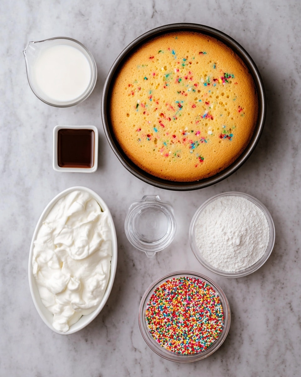The image shows a round golden-brown cake with colorful sprinkles inside, sitting in a black baking pan. Below the pan, there are five separate containers on a white marbled surface: a white small square dish with dark brown vanilla extract, a transparent glass measuring cup with white milk, an oval white container filled with whipped white cream, a small white bowl with white powdered sugar, and a clear round cup full of bright multicolored sprinkles. The layout is neat and ingredients are evenly spaced. photo taken with an iphone --ar 4:5 --v 7