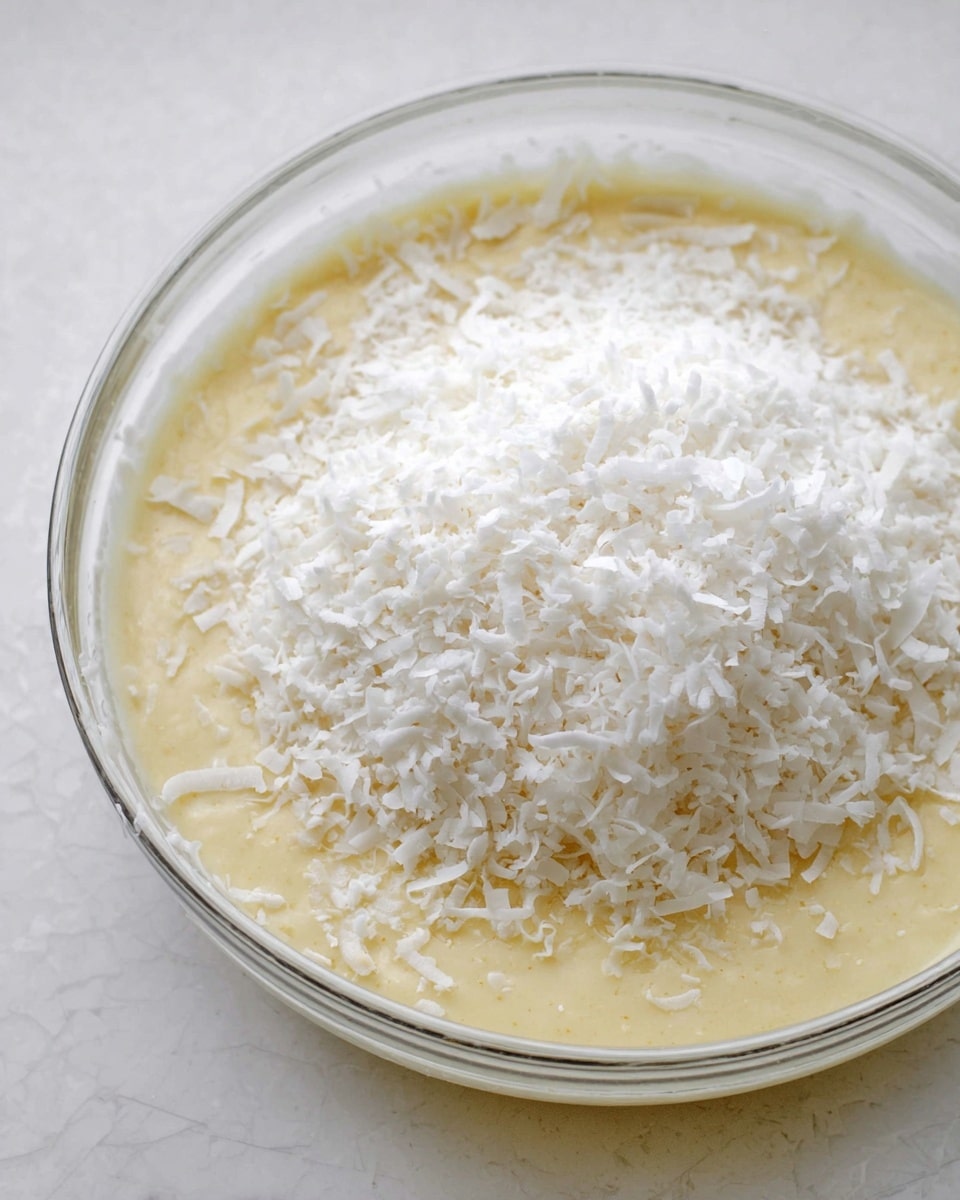 A close-up image shows a clear glass bowl with two layers inside. The bottom layer is a smooth, pale yellow batter with a creamy texture. On top of this batter, there is a thick layer of white shredded coconut, showing uneven pieces and small clumps spread across the surface. The bowl sits on a white marbled surface. Photo taken with an iphone --ar 4:5 --v 7