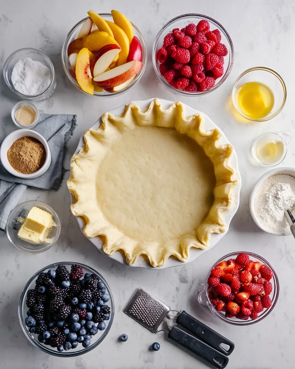 A white pie plate sits in the center filled with an unbaked pie crust with a wavy edge. Surrounding the plate on a white marbled surface are clear glass bowls filled with bright sliced peaches, pale sliced pears, fresh red raspberries, deep purple-black blackberries, dark blue blueberries, and vibrant red strawberries. There are small clear bowls with brown sugar, white flour, softened butter, and lemon juice. A pair of black measuring spoons and a small grater with lemon zest are also arranged around the plate in a neat layout. photo taken with an iphone --ar 4:5 --v 7