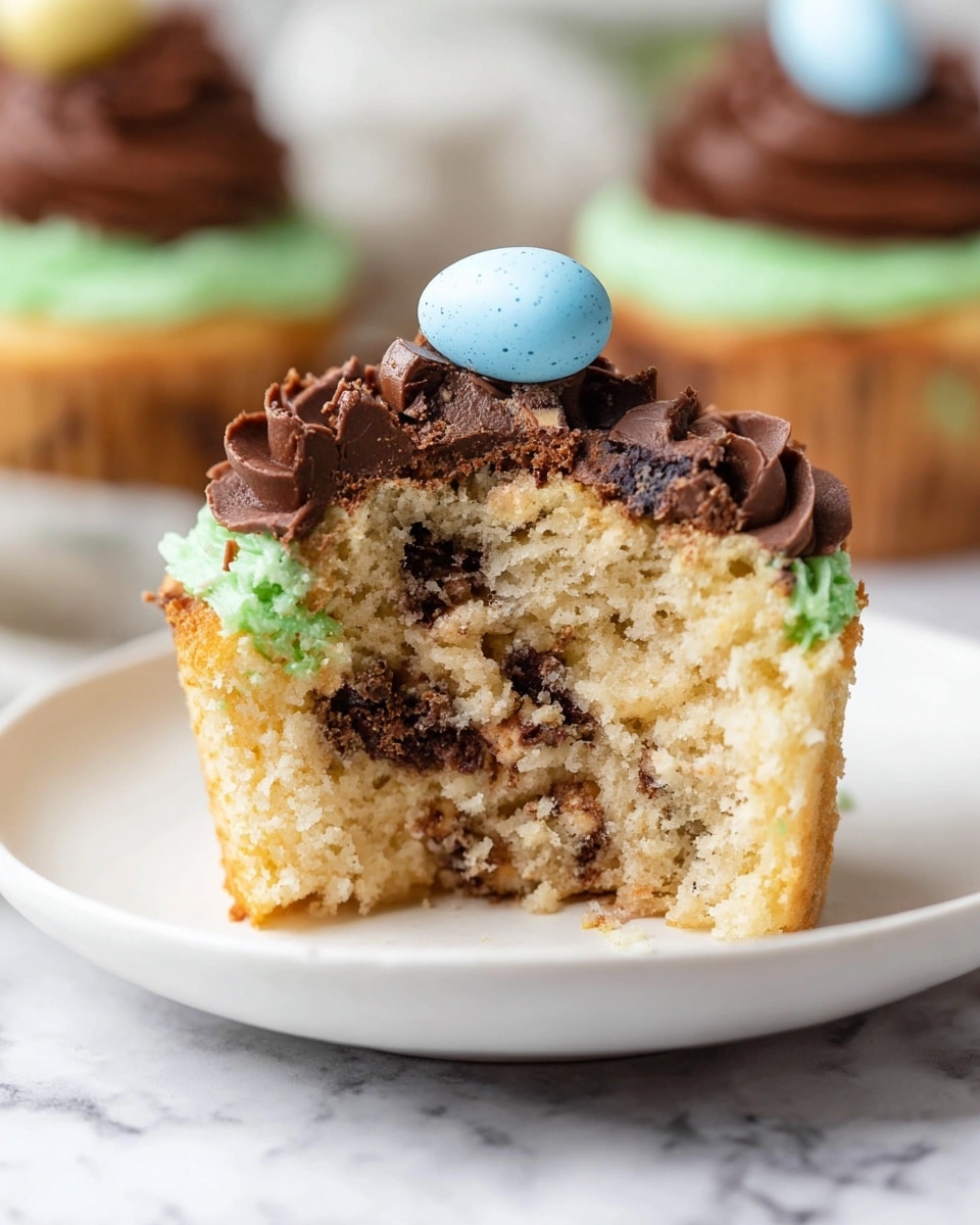 A half-eaten cupcake sits on a white plate on a white marbled surface, showing four layers: the base is a light beige cake with chunks of chocolate mixed inside, followed by a thin green creamy frosting layer, topped with thicker dark brown chocolate frosting, and decorated with a small blue candy egg placed on the top. The cupcake’s texture is soft and crumbly, and there is another cupcake blurred in the background. Photo taken with an iphone --ar 4:5 --v 7