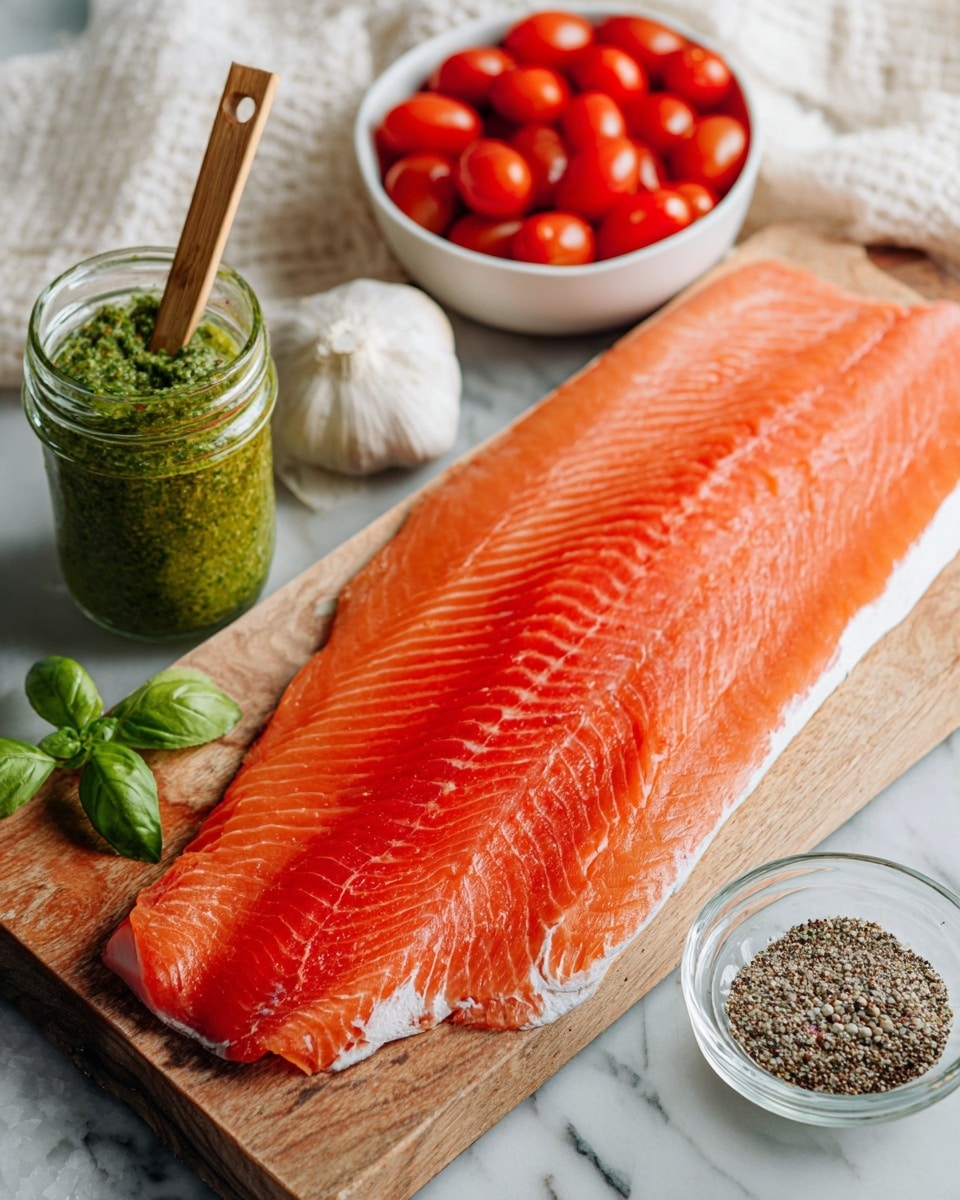 A large piece of raw, bright orange fish fillet lies flat on a wooden cutting board with visible white marbling lines. To the left, a small glass jar filled with green pesto sauce has a bamboo spoon inside, topped with fresh green basil leaves. Behind the jar, there is a whole garlic bulb with an off-white color and papery skin. A white bowl filled with small, shiny red grape tomatoes sits in the background. On the right side of the board, there is a small clear glass bowl with coarse black and white pepper. The scene is set on a white marbled surface with a white cloth slightly visible in the back. photo taken with an iphone --ar 4:5 --v 7