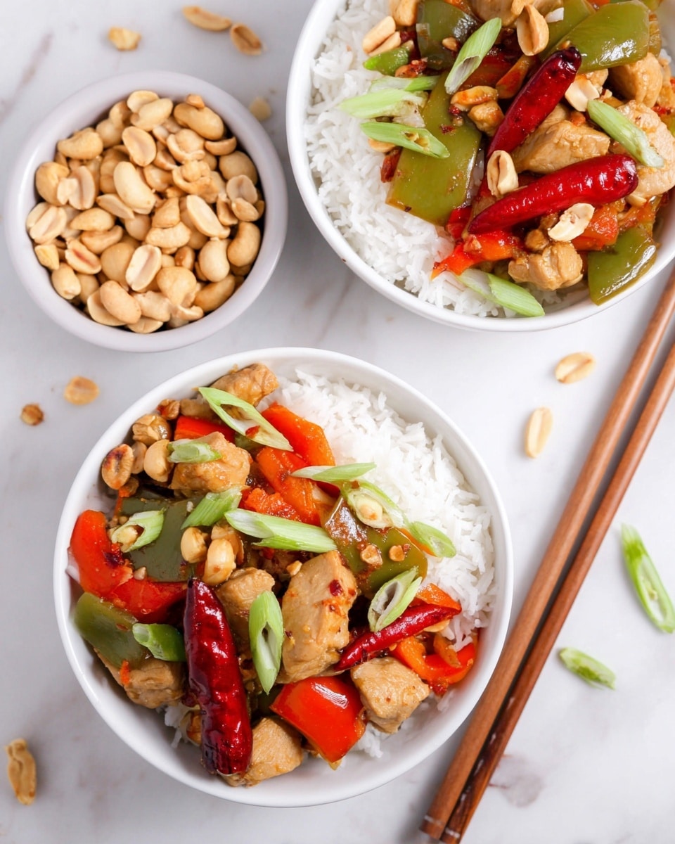 The image shows two white bowls filled with a colorful stir-fry dish layered over white rice. Each bowl has a base layer of fluffy white rice, topped with chunks of light brown cooked chicken and a mix of green bell peppers and bright red bell peppers, along with whole red chili peppers and cashew nuts scattered throughout. Thin slices of green onions are sprinkled on top, adding a fresh green touch. Next to the bowls, there is a smaller white bowl filled with salted peanuts, some peanuts are scattered on the white marbled surface. Wooden chopsticks lie on the bottom right corner of the scene. The photo taken with an iphone --ar 4:5 --v 7