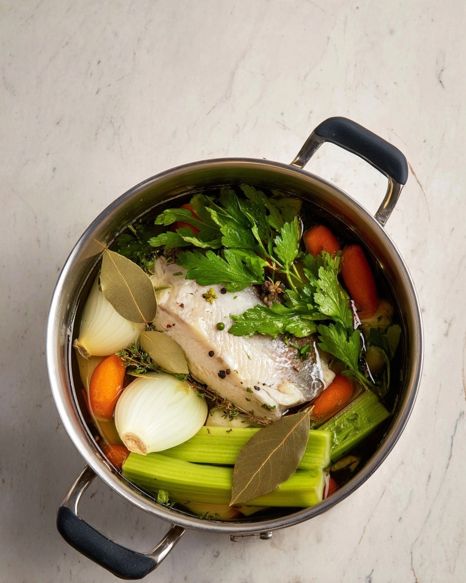 A silver cooking pot filled with clear water shows a large piece of pale cooked fish in the center, surrounded by bright green celery stalks and fresh parsley leaves. Large white onion halves are placed on opposite sides, while small, vibrant orange carrots add color to the mix. Light brown bay leaves float on the surface, along with a few scattered green peppercorns. The pot has black handles on each side and sits on a white marbled surface. photo taken with an iphone --ar 4:5 --v 7