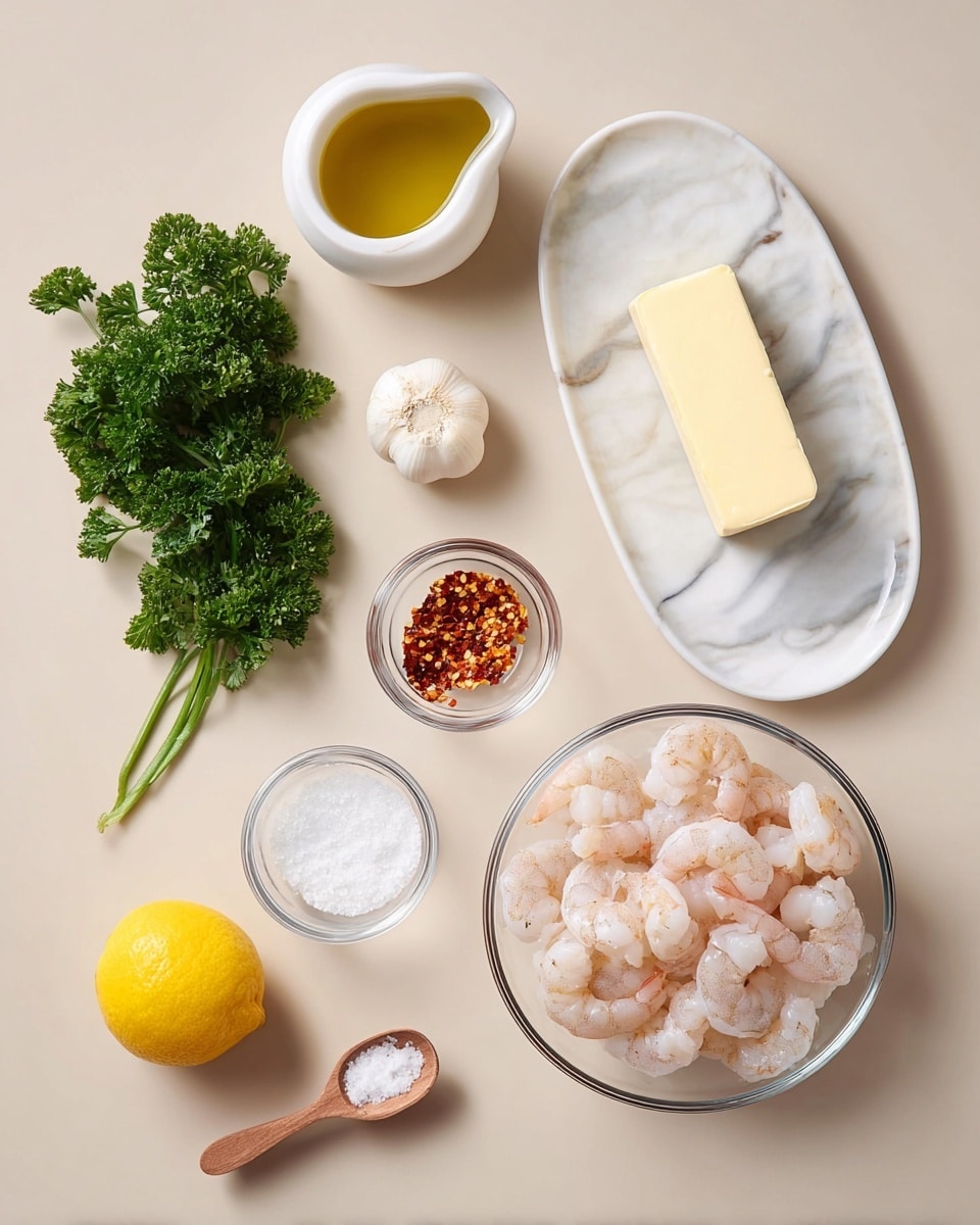 The image shows ingredients arranged on a white marbled surface. At the bottom right, there is a clear glass bowl filled with raw peeled shrimp that are pale pink with a slightly translucent texture. To the right of the shrimp, a white oval plate holds a rectangular stick of pale yellow butter. Above that, a whole bright yellow lemon sits alone. In the center, a small clear glass bowl contains white granular salt, and next to it is another small clear glass bowl with crushed red chili flakes showing red and orange tones. To the top left, a white circular dish with a small spout contains golden yellow olive oil. Below that, a bunch of fresh green parsley lies next to a small garlic bulb with white papery skin. Near the bottom left corner, a small wooden spoon holds a pinch of white salt. photo taken with an iphone --ar 4:5 --v 7