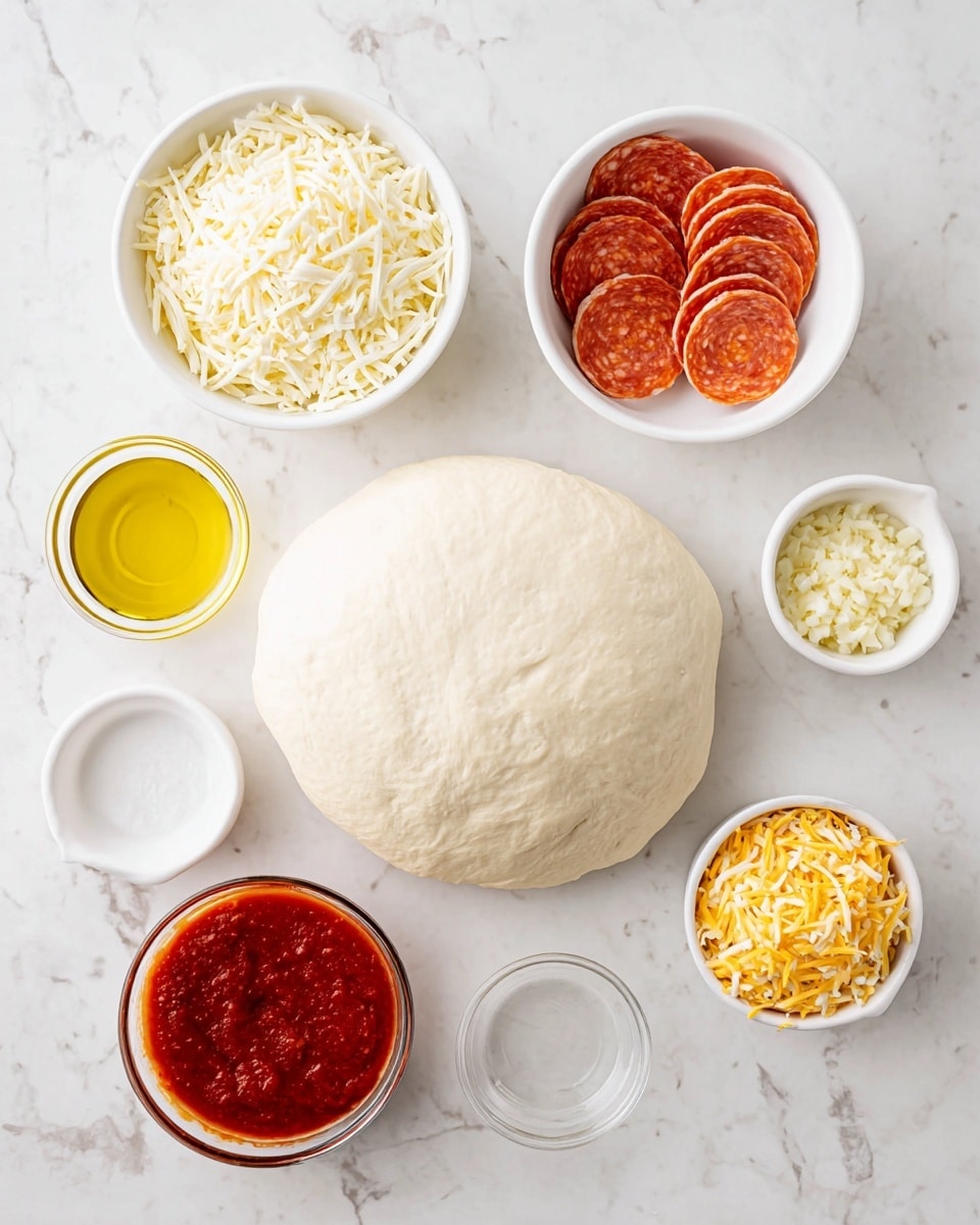 The image shows ingredients for making a pizza arranged on a white marbled surface. In the center, there is a large round ball of dough with a smooth texture. To the top left, there is a white bowl filled with shredded mozzarella cheese. To the top right, a white bowl holds several round slices of pepperoni, each having a bright red and orange speckled texture. Above the dough and in the middle is a small white bowl with golden yellow olive oil. Below the dough, a glass bowl contains thick, rich red pizza sauce with a slightly smooth texture. To the bottom right, a small white bowl is filled with finely chopped garlic, and next to it on the left is a small white bowl holding shredded yellow cheese. photo taken with an iphone --ar 4:5 --v 7