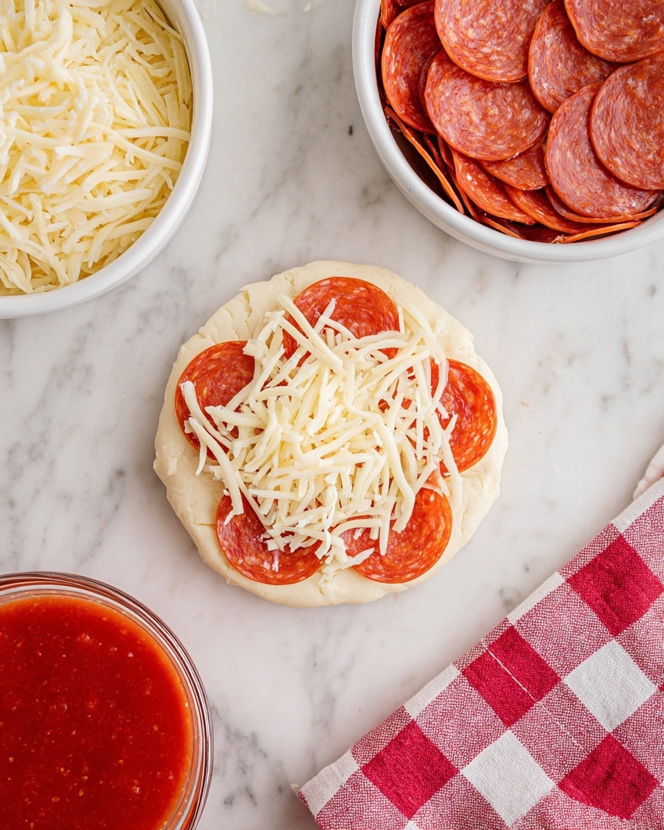 A small round piece of dough sits in the center on a white marbled surface, topped with one layer of thin reddish-orange pepperoni slices and one layer of shredded light yellow cheese with a soft texture. To the top left and right are two white bowls, the left one filled with more shredded cheese and the right one full of round pepperoni slices. At the bottom left, there is a glass bowl with vibrant red pizza sauce, while the bottom right shows a red and white checkered cloth partially in frame. Photo taken with an iphone --ar 4:5 --v 7