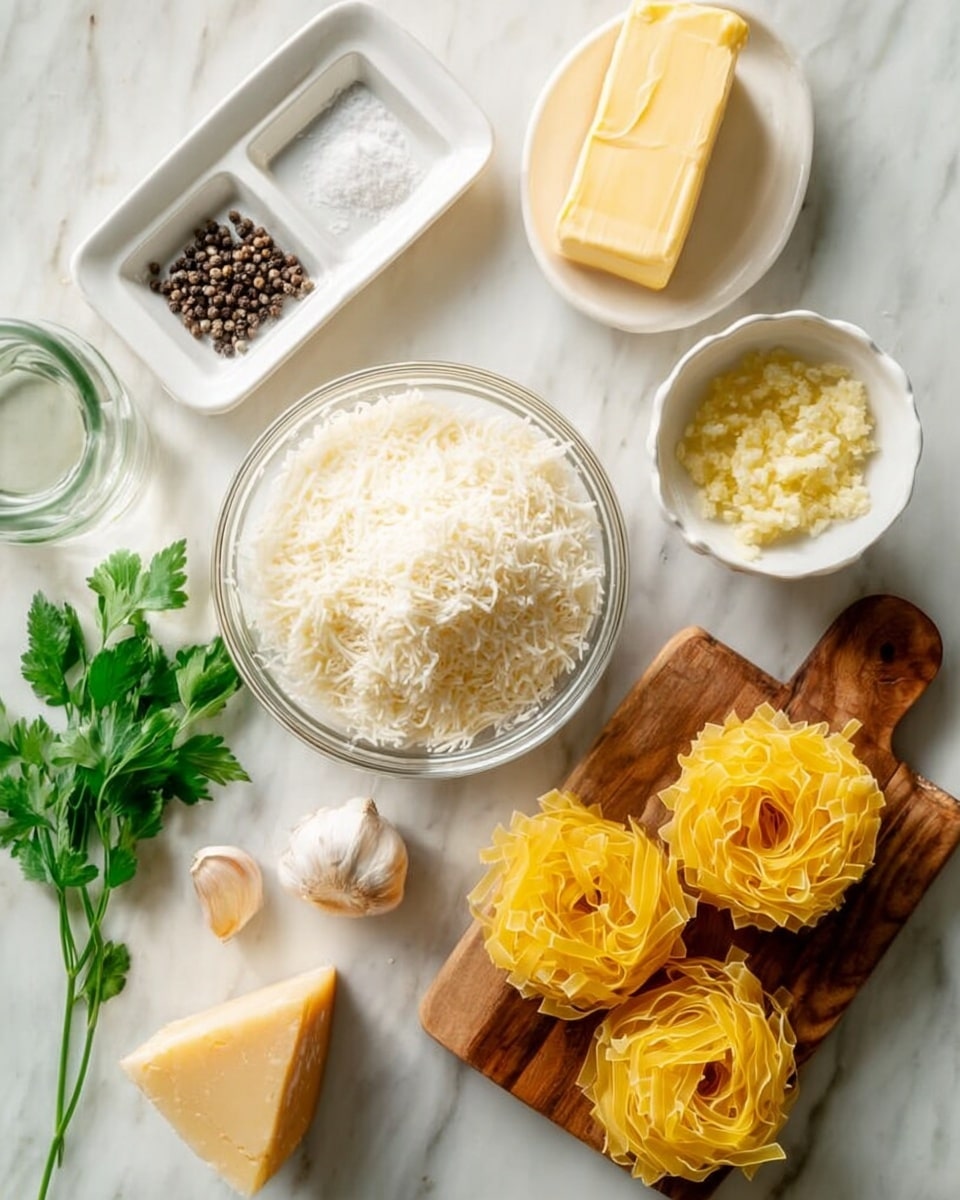 The image shows a top view of cooking ingredients arranged on a white marbled surface. In the center, there is a clear glass bowl filled with finely grated white cheese. To the upper right, a small white bowl contains a block of yellow butter with soft texture. Nearby, a tiny clear glass bowl holds minced garlic. On the right side, a wooden board with visible grain patterns supports three yellow pasta nests and a wedge of hard cheese with a pale yellow color. Towards the upper left, a small white tray holds black peppercorns and coarse salt in small white containers, along with three peeled garlic cloves. Fresh green parsley leaves sit next to the tray. At the bottom left corner, a clear glass bottle with a white liquid is visible. The lighting is soft and natural, emphasizing the colors and textures of the ingredients. Photo taken with an iphone --ar 4:5 --v 7