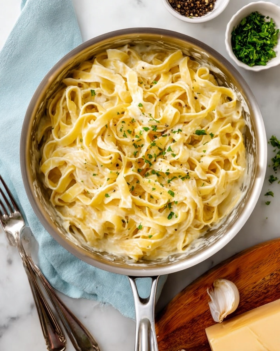 A shiny silver pan filled with creamy fettuccine pasta coated in a smooth, light yellow sauce, topped with small bits of green parsley. The pan is placed on a white marbled surface with a light blue cloth underneath and a wooden board beside it holding a wedge of cheese. Two silver forks and bright green parsley, a bowl of whole black pepper, and a clove of garlic are arranged near the pan. The sauce has a velvety texture, and the pasta noodles are thick and flat, neatly piled in the pan. Photo taken with an iphone --ar 4:5 --v 7