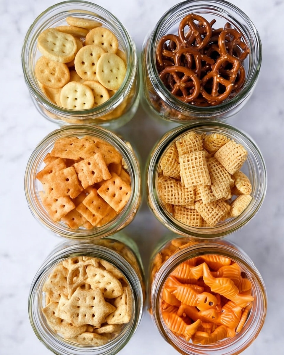 The image shows six clear glass jars arranged in two rows on a white marbled surface, each filled with a different snack. The top left jar contains small, pale yellow round crackers with crimped edges, while the top right jar is filled with dark brown pretzels with a glossy texture. In the middle row, the left jar holds orange square crackers with small holes, and the right jar is filled with light tan woven cereal squares. The bottom row features two more jars: the left one filled with pale beige woven cereal squares, and the right one containing bright orange fish-shaped crackers. The jars are viewed from above, clearly showing the colors and textures of each snack. Photo taken with an iphone --ar 4:5 --v 7