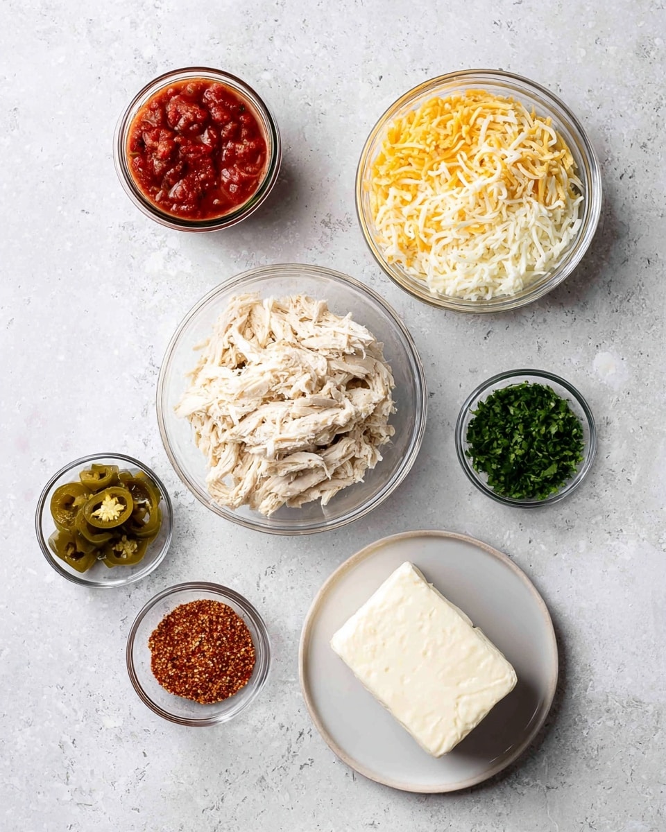 The image shows six cooking ingredients placed on a white marbled surface, arranged neatly with ample space between them. In the center is a medium clear bowl filled with shredded pale chicken. Above it is a clear bowl filled with a mix of shredded yellow and white cheese. To the right of the cheese is a small open jar of red salsa with a chunky texture. Below the chicken bowl is a small clear bowl containing a coarse reddish-brown spice mix. To the left of the spice is a small clear bowl with green chili peppers in a sauce. Above the chili peppers and to the left of the chicken is a small clear bowl of finely chopped green herbs. On the bottom right side, there is a thick rectangular block of cream cheese placed on a plain white plate. Photo taken with an iphone --ar 4:5 --v 7