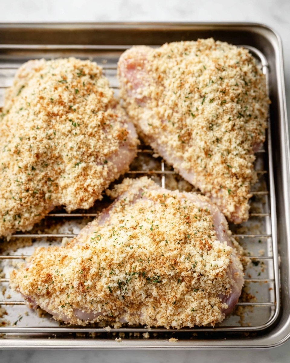The image shows three large raw chicken pieces coated evenly with a thick layer of flaky, pale beige breadcrumbs mixed with green herbs scattered throughout. The chicken pieces are arranged on a silver wire rack placed inside a shallow metal tray. The textures on the chicken look rough and crisp due to the breadcrumb coating. The tray and rack sit on a white marbled surface, giving a clean and simple background. photo taken with an iphone --ar 4:5 --v 7