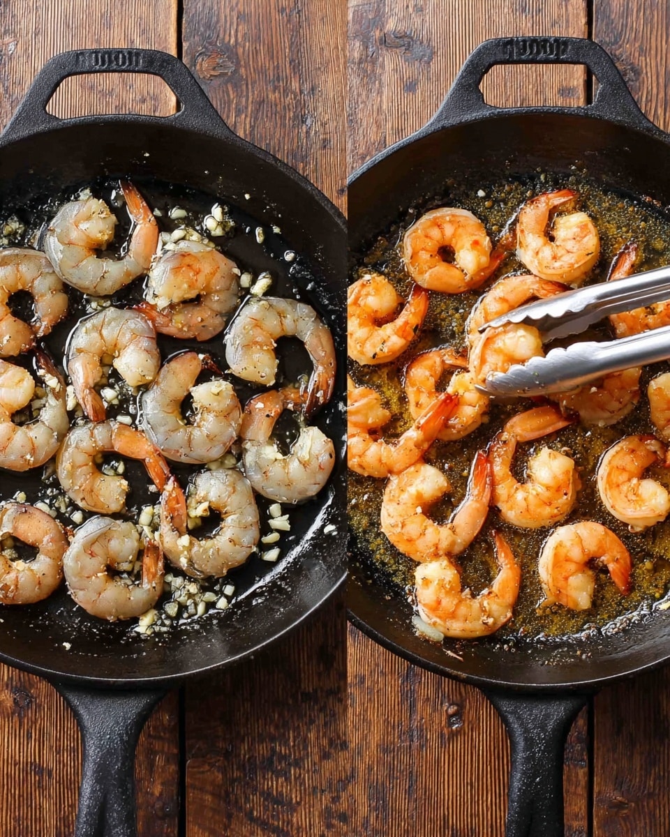 Two black iron pans sit side by side on a wooden surface. The left pan holds about a dozen raw shrimp, pinkish-gray with a slight translucent look, arranged in a loose circle with tails curved inward. Some small pieces of chopped garlic are scattered around the shrimp, and a pair of silver tongs touches one shrimp near the center. The right pan shows the same shrimp fully cooked, turned bright orange-pink with a firmer texture, now covered in a bubbling garlic butter sauce that glistens all over. The same silver tongs hover over a shrimp near the center, lifting slightly. photo taken with an iphone --ar 4:5 --v 7