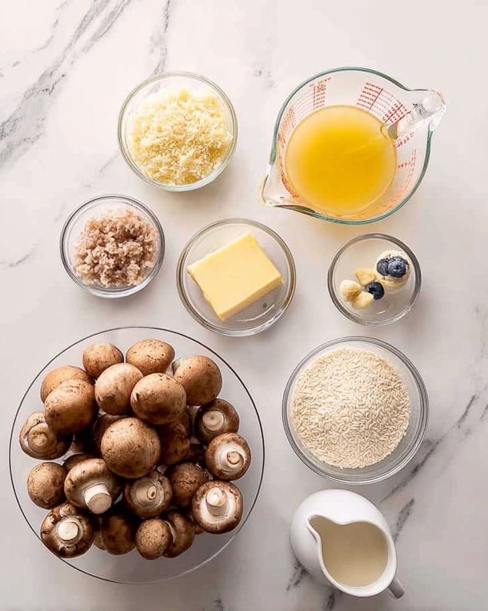 A white marbled surface holds eight clear glass bowls each filled with different ingredients arranged in a loose circle. In the bottom left is a large bowl filled with many whole brown mushrooms, showcasing their smooth caps and white stems. To the right of this large bowl are smaller bowls: the first has a yellow liquid that looks like broth or stock, placed in a clear glass measuring cup with a spout; next is a small white bowl with a yellow square of butter and a mulch blueberry on the edge. Above that is a very small white bowl with finely grated pale yellow cheese. Above the mushrooms to the left is a small bowl with finely minced ingredients in pale pink and beige colors, possibly garlic and shallots. In the center above is a larger bowl filled with uncooked white rice grains. Next to the rice on the right is a small white pitcher filled with a creamy white liquid. To the top left above the mushrooms is a bowl with a yellow powder, likely grated Parmesan or breadcrumbs. The whole scene is on a bright white marbled background. photo taken with an iphone --ar 4:5 --v 7