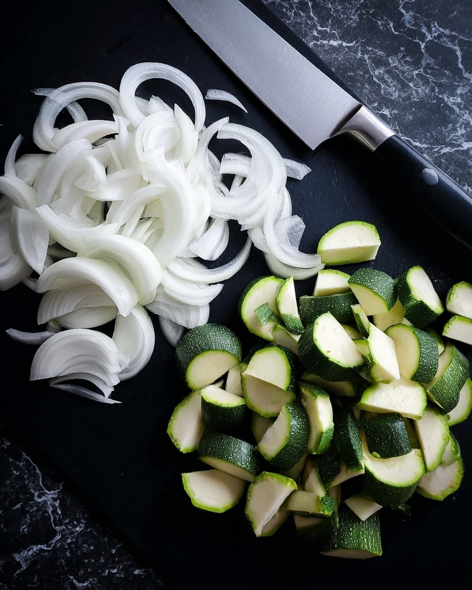 On a black surface with a white marbled texture in the background, there are two piles of sliced vegetables: on the left side, thinly sliced white onion layers showing smooth, translucent texture and curved shapes, while on the right side, chopped green zucchini pieces with pale green inside and dark green skin, each piece shaped like quarter circles, spread out next to a large kitchen knife with a black handle and silver blade resting on the surface, photo taken with an iphone --ar 4:5 --v 7