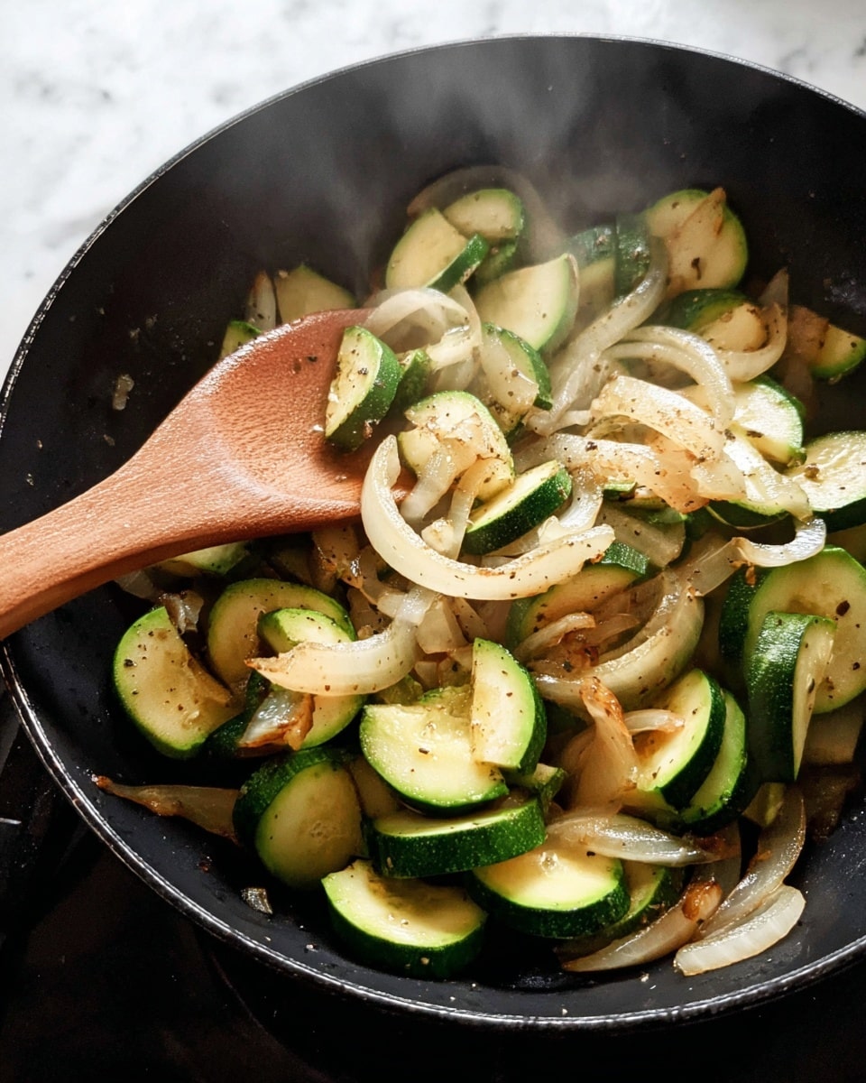 A black pan is filled with cooked zucchini and onion slices. The zucchini pieces are green with a soft, slightly browned texture. The onion slices are white to light golden with edges that show light browning. A wooden spoon with a smooth, light wood handle is stirring the vegetables. Steam rises gently from the pan, giving a fresh, hot look. The scene is set on a white marbled surface. Photo taken with an iphone --ar 4:5 --v 7