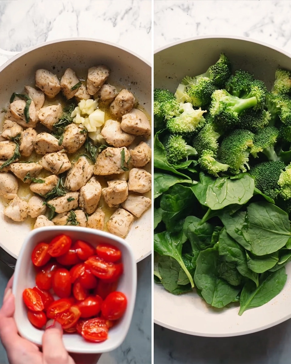 The first image shows a white pan with chunks of cooked light brown chicken with herbs, and a small pile of minced garlic on top in the center. A woman's hand holds a white bowl filled with bright green broccoli florets, about to add them to the pan. The second image shows the white pan again with the chicken pieces now covered with fresh, large, green spinach leaves. A woman's hand holds a square white bowl filled with small, bright red, halved cherry tomatoes, ready to add them on top of the spinach. The background has a white marbled texture photo taken with an iphone --ar 4:5 --v 7