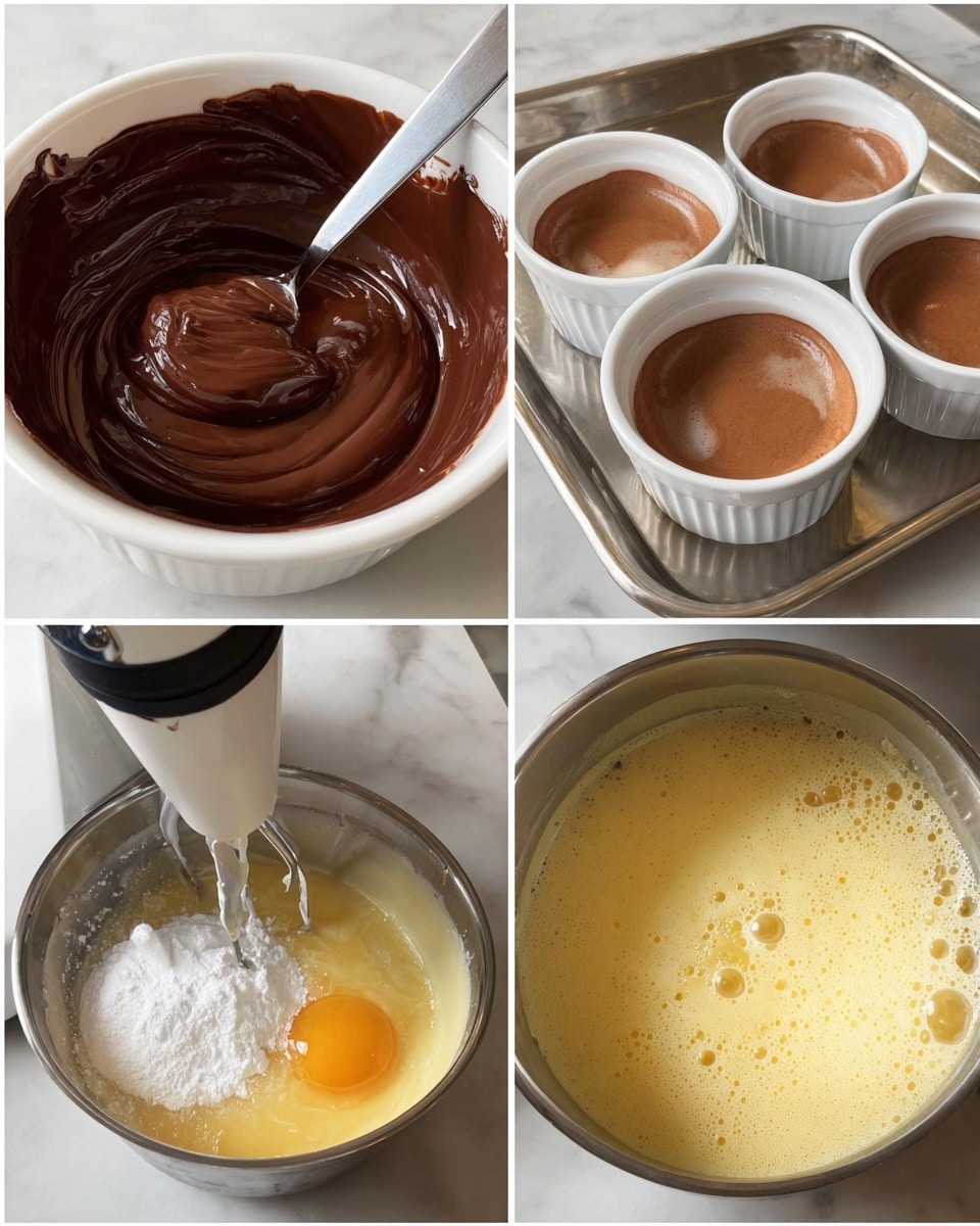 A close-up view of four stages in making a chocolate dessert. The first image shows a white bowl filled with smooth, shiny melted chocolate being stirred with a metal spoon. The second image features three white ramekins with a light brown, baked mixture inside, sitting on a silver tray. The third image captures a mixing bowl with two raw eggs and white sugar being poured in, and a white and black mixer attachment visible. The fourth image displays the mixture in the metal bowl with bubbles on the pale yellow surface, and the mixer attachment still inside, showing the mixture has started to foam. The background is a white marbled texture photo taken with an iphone --ar 4:5 --v 7