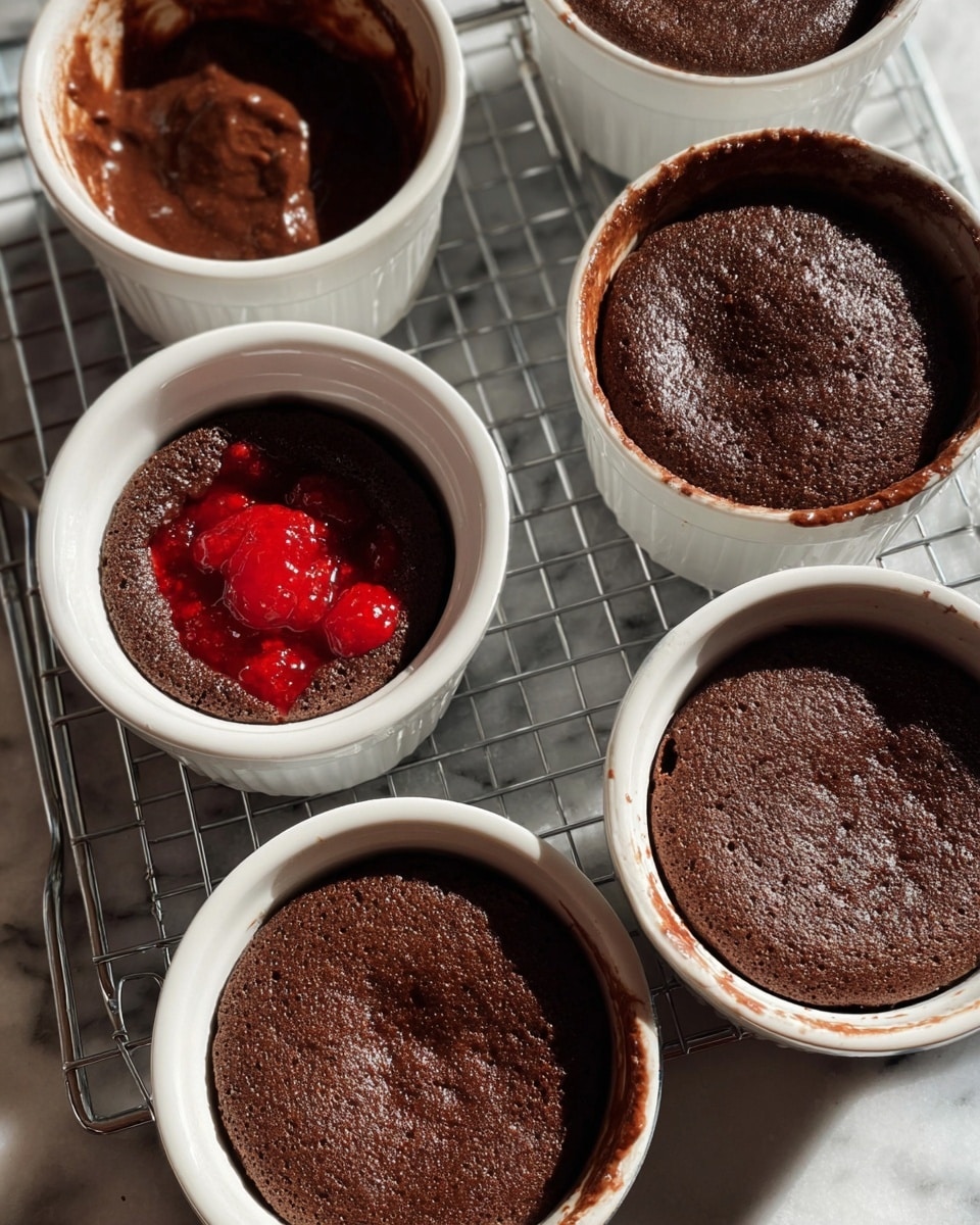 The image shows four white ceramic ramekins in different stages of making chocolate lava cakes placed on a white marbled surface. In the first and third sections, the ramekins are filled about halfway with smooth dark chocolate batter, which has a slightly glossy texture. The second section focuses closely on one ramekin where the dark chocolate batter has a bright red, chunky layer of fruit jam or compote placed in the center, adding a pop of color and texture contrast. The fourth section shows three ramekins with the cakes fully baked, having a cracked, matte dark brown top surface, slightly risen above the rim. The ramekins are arranged on a metal cooling rack that sits on the white marbled surface. The lighting creates soft shadows and highlights the rich textures of the chocolate baked cakes. photo taken with an iphone --ar 4:5 --v 7