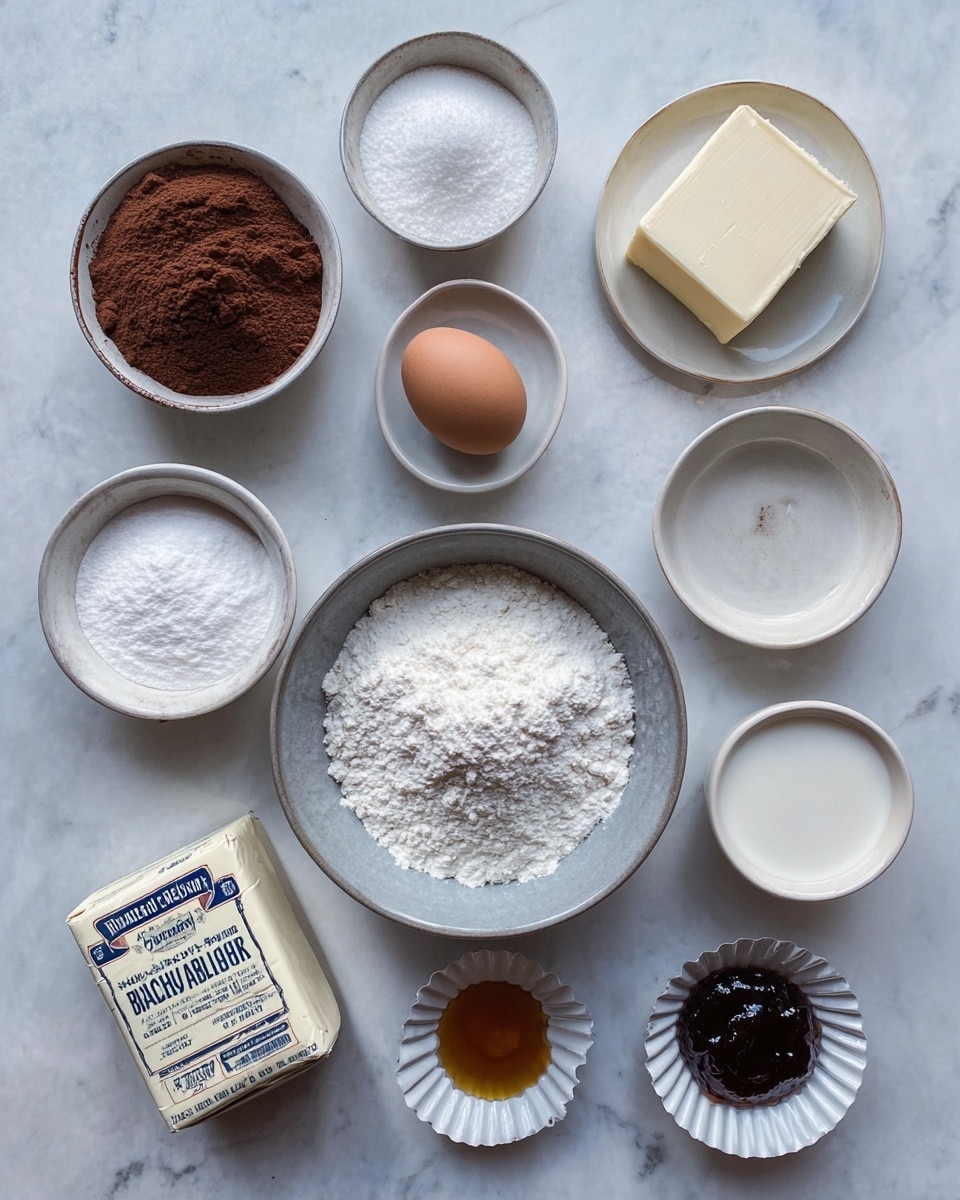 The image shows an assortment of baking ingredients arranged neatly on a white marbled surface, each in white bowls or plates except for one wrapped butter block. At the center is a grey bowl filled with white flour, slightly piled up. Surrounding it are bowls with different ingredients: white powdered sugar in a large bowl, brown cocoa powder in a smaller bowl, and white granulated sugar in another bowl. There is also a single brown egg, a small bowl of white salt, a white plate containing a white powdered ingredient, a white bowl with milk, and a small fluted dish holding amber vanilla extract. A rectangular block of unsalted butter wrapped in branded foil and a small white fluted dish with dark jam complete the setup. The shot captures all items from above on the white marbled background in soft natural light. Photo taken with an iphone --ar 4:5 --v 7