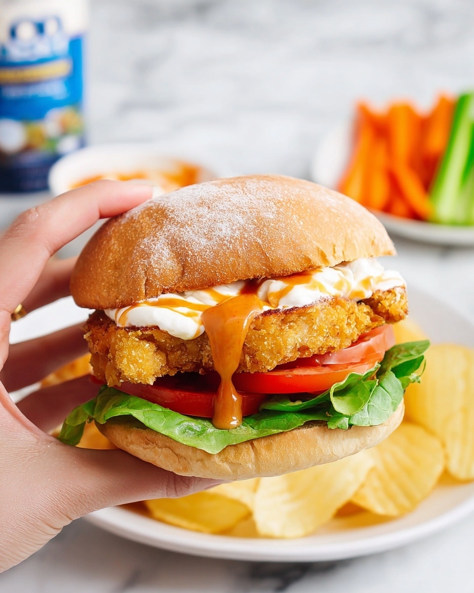 A sandwich held by a woman's hand shows four main layers inside a soft lightly browned bun with a dusting of flour on top. The sandwich has a fresh green leafy lettuce at the bottom, with bright red tomato slices above it. On top of the tomato, there is a thick, golden crispy fried patty. White creamy sauce spreads over the fried patty, with orange sauce dripping down from it. The sandwich is placed on a white plate, with yellow potato chips and a blurred white plate of orange carrot sticks and green celery sticks in the background, all on a white marbled surface. Photo taken with an iphone --ar 4:5 --v 7