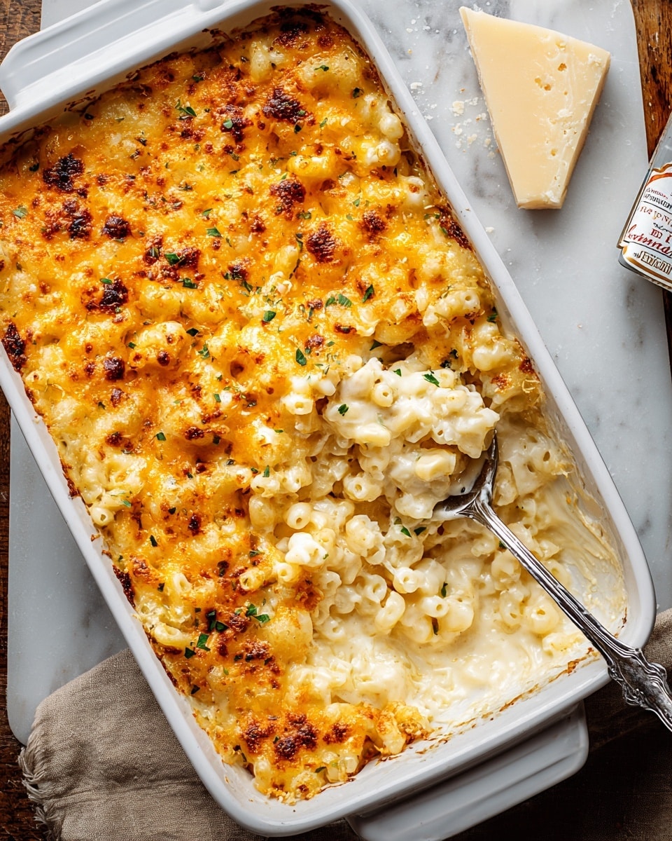 A white rectangular ceramic baking dish filled with macaroni and cheese, showing three layers: the bottom layer is creamy white sauce mixed with soft elbow pasta, the middle layer has a dense mix of melted cheese that is light yellow and slightly bubbly, and the top layer is a golden brown melted cheese crust with crispy browned edges. A silver serving spoon rests inside the dish, scooping some pasta from the corner. The dish is set on a white marbled surface with a wedge of Parmigiano cheese nearby and part of a white ceramic lid visible on the side. photo taken with an iphone --ar 4:5 --v 7