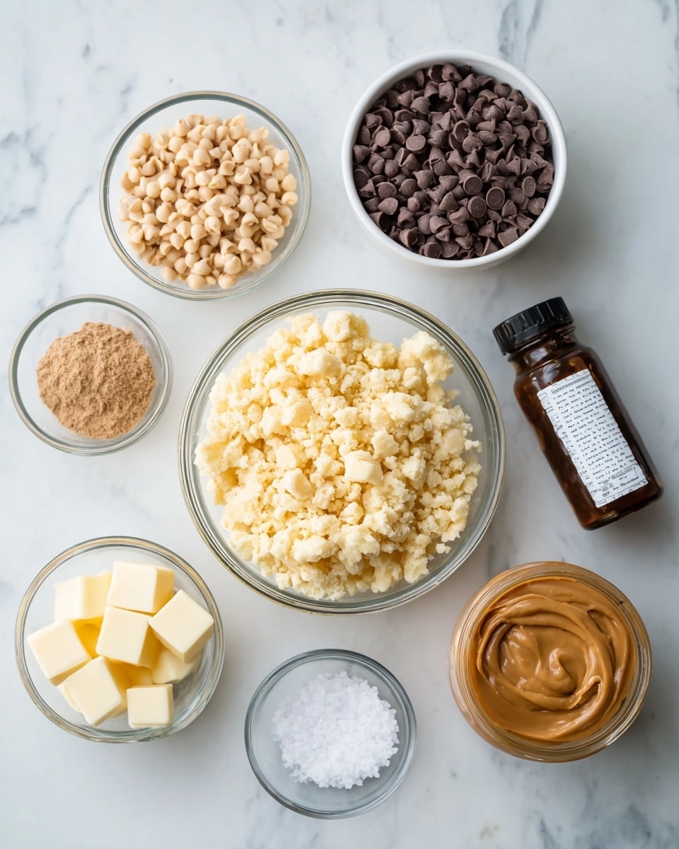 The image shows eight bowls and jars arranged on a white marbled surface, each containing different ingredients. In the center is a large clear bowl filled with pale yellow crumbly pieces. Above it is a white bowl filled with dark brown chocolate chips. To the left is a smaller clear bowl with small beige and light brown bits. Below that is a small clear bowl with a light brown powder. To the bottom left is a clear bowl with small cubes of a pale yellow solid, likely butter. At the bottom center is a tiny clear bowl with coarse white salt crystals. To the right of the center bowl is a clear bowl filled with grated pale yellow cheese. On the far right are two jars, one filled with smooth peanut butter-colored spread, and the other a dark amber bottle with a white label. The setup is clean and organized, showing the ingredients clearly for a recipe photo taken with an iphone --ar 4:5 --v 7